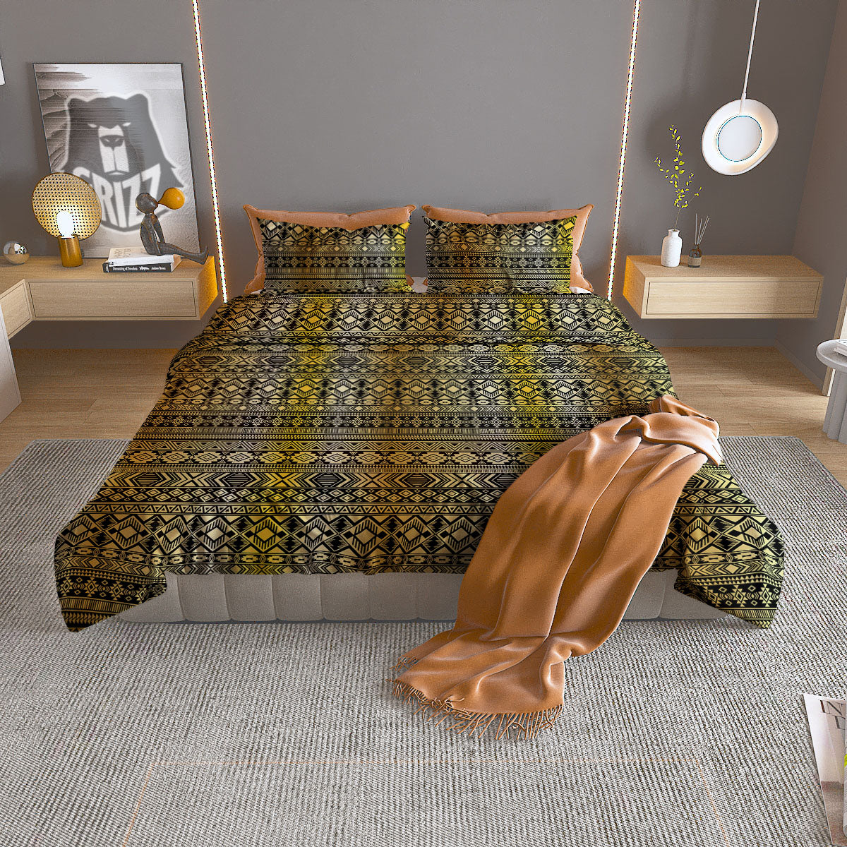 Ethnic Tribal Gold African Print Pattern Duvet Cover Bedding Set