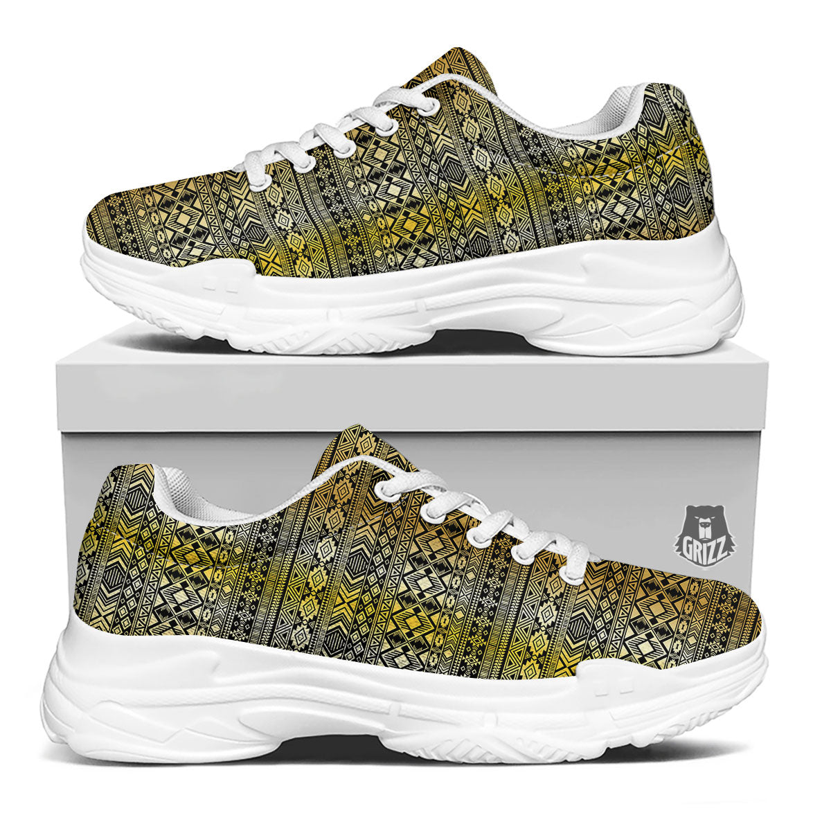 Ethnic Tribal Gold African Print Pattern White Chunky Shoes-grizzshop
