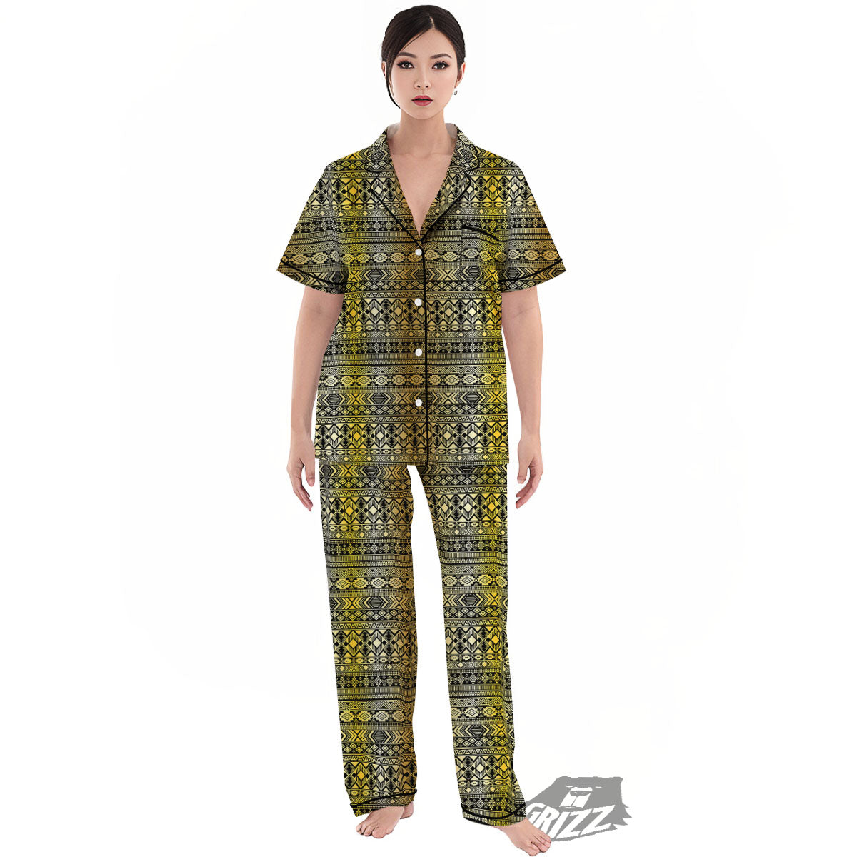 Ethnic Tribal Gold African Print Pattern Women's Pajamas Set-grizzshop