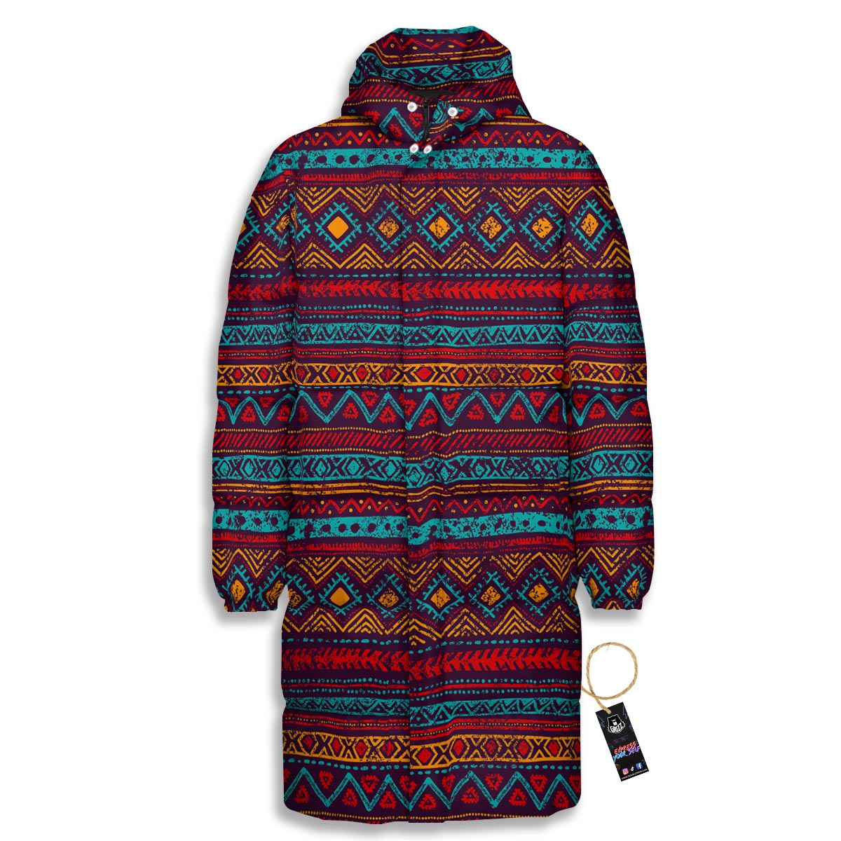Ethnic Tribal Print Pattern Long Down Jacket-grizzshop