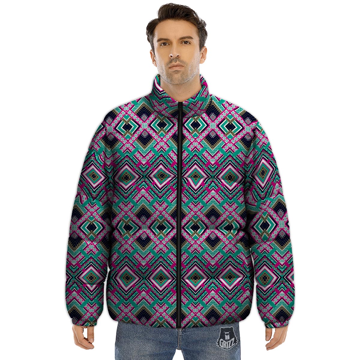 Ethnic Tribal Retro Print Pattern Puffer Jacket-grizzshop