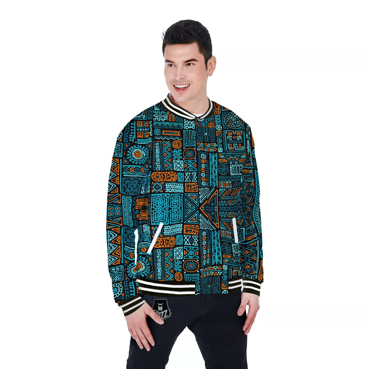 Ethnic Turquoise African Print Pattern Baseball Jacket-grizzshop