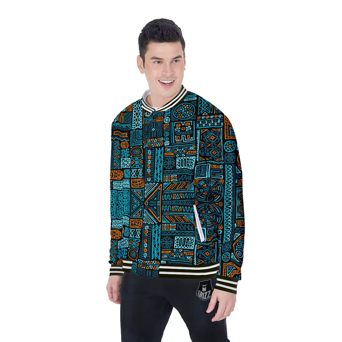 Ethnic Turquoise African Print Pattern Baseball Jacket-grizzshop