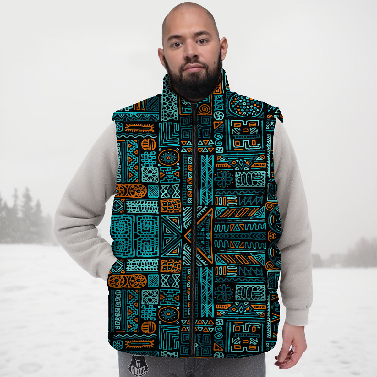 Ethnic Turquoise African Print Pattern Down Vest