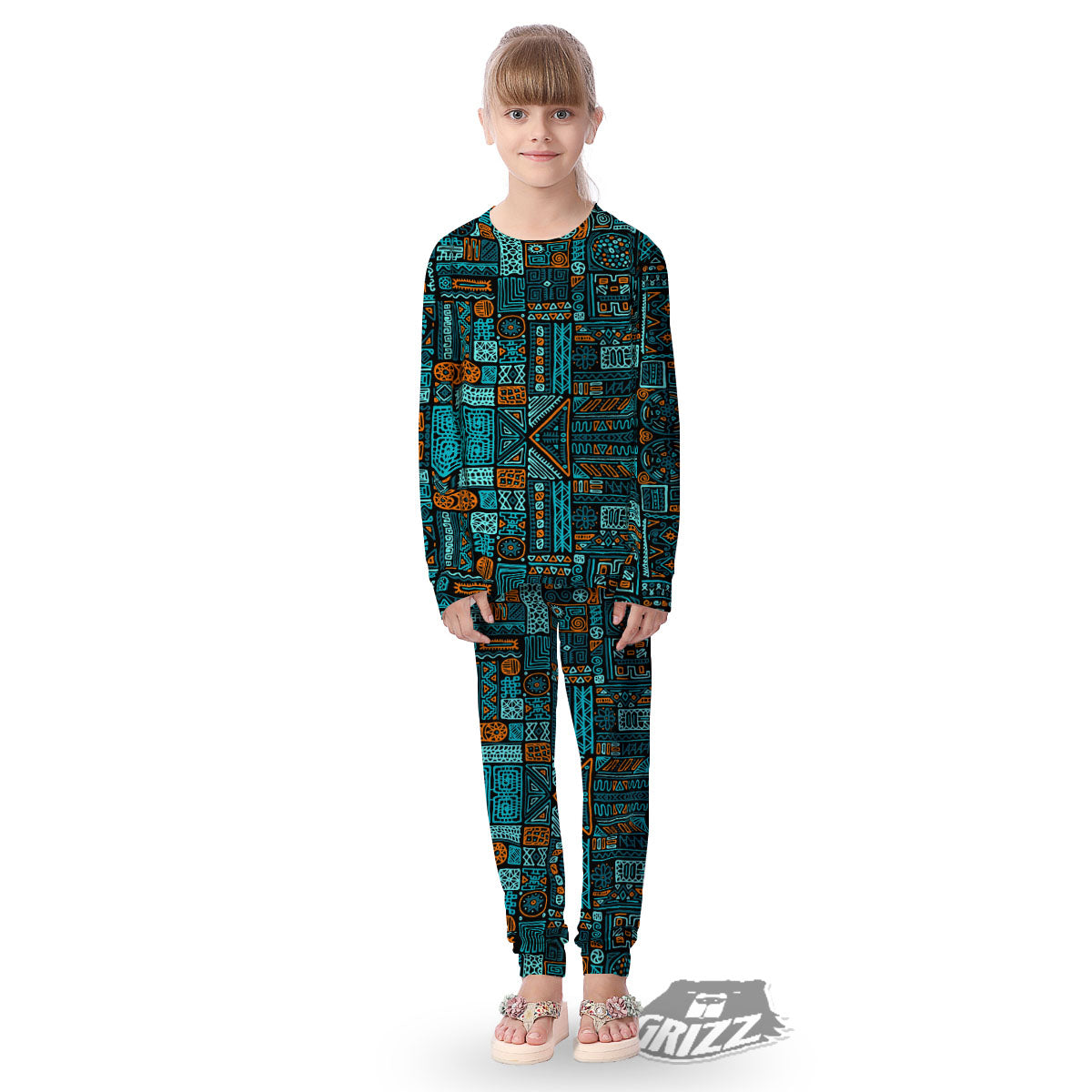 Ethnic Turquoise African Print Pattern Kid's Pajamas-grizzshop