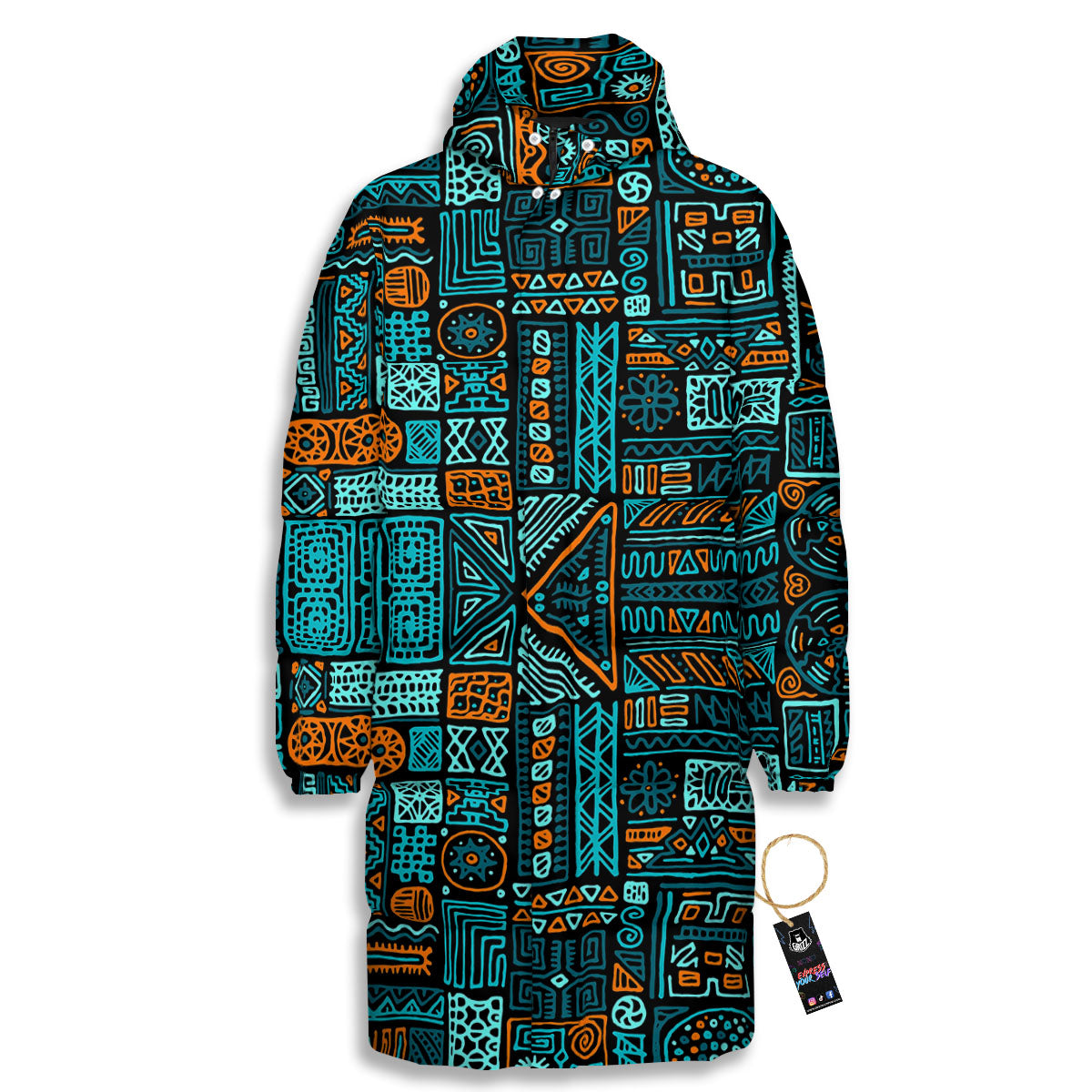 Ethnic Turquoise African Print Pattern Long Down Jacket-grizzshop