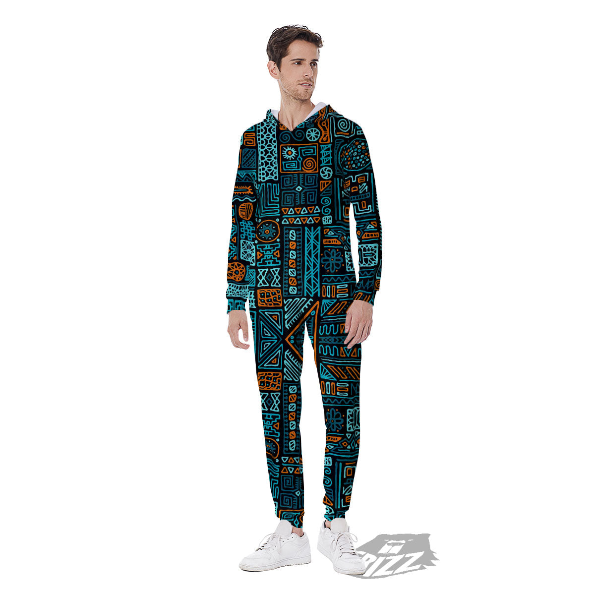 Ethnic Turquoise African Print Pattern Men's Jumpsuit-grizzshop