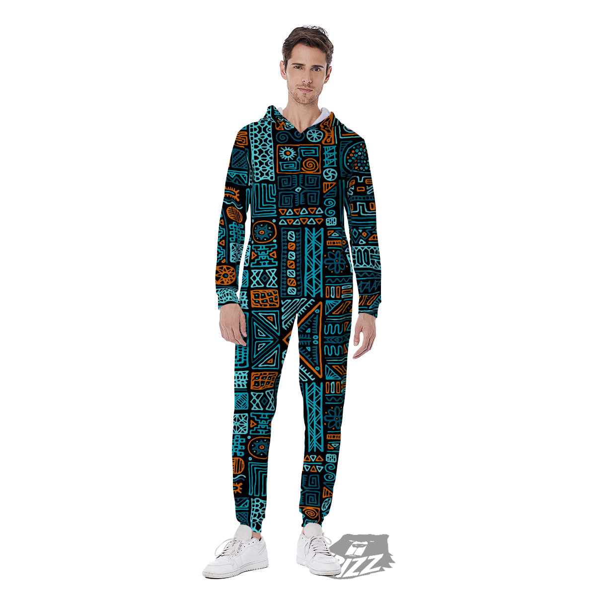 Ethnic Turquoise African Print Pattern Men's Jumpsuit-grizzshop