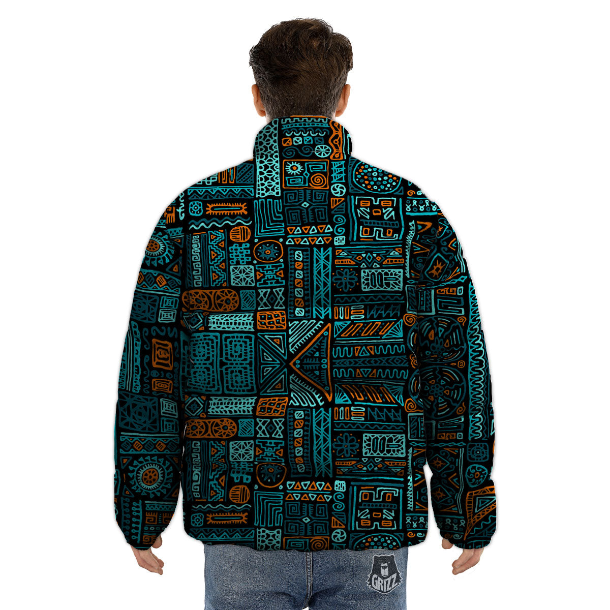 Ethnic Turquoise African Print Pattern Puffer Jacket-grizzshop