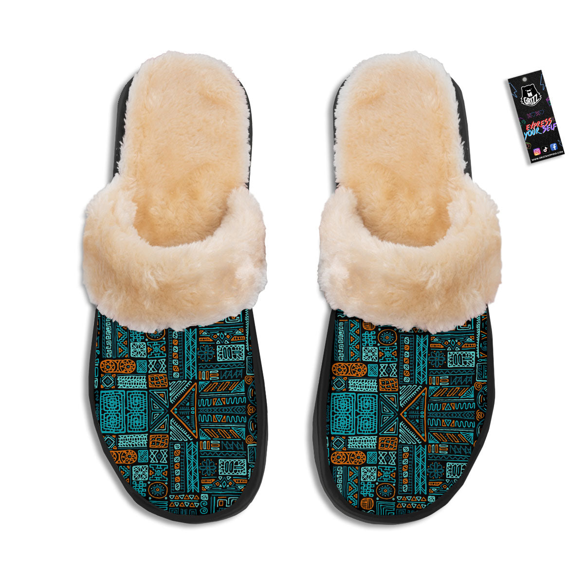 Ethnic Turquoise African Print Pattern Slippers-grizzshop