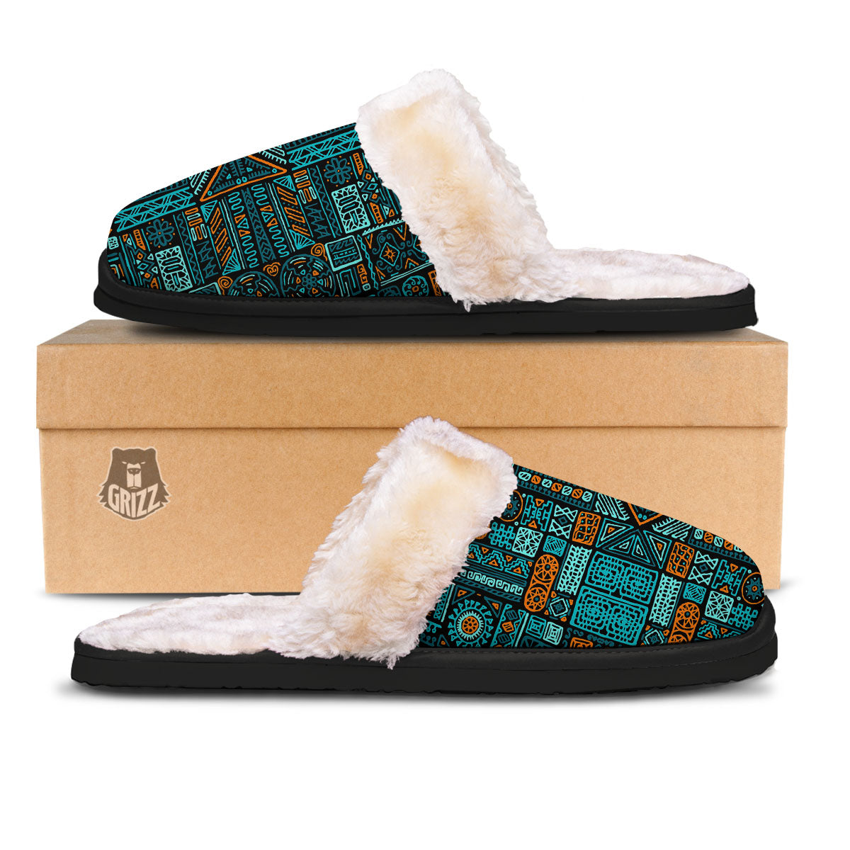 Ethnic Turquoise African Print Pattern Slippers-grizzshop