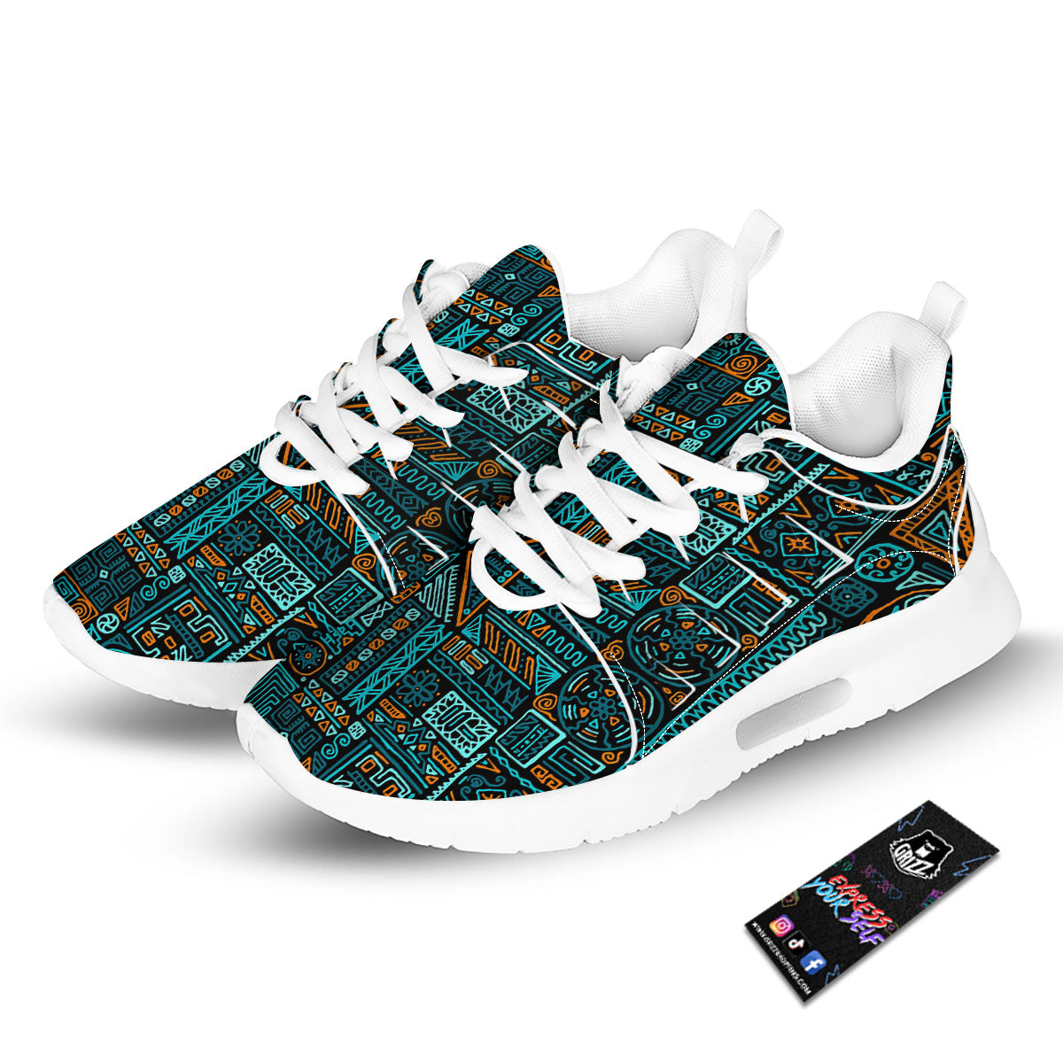 Ethnic Turquoise African Print Pattern Tennis Shoes-grizzshop