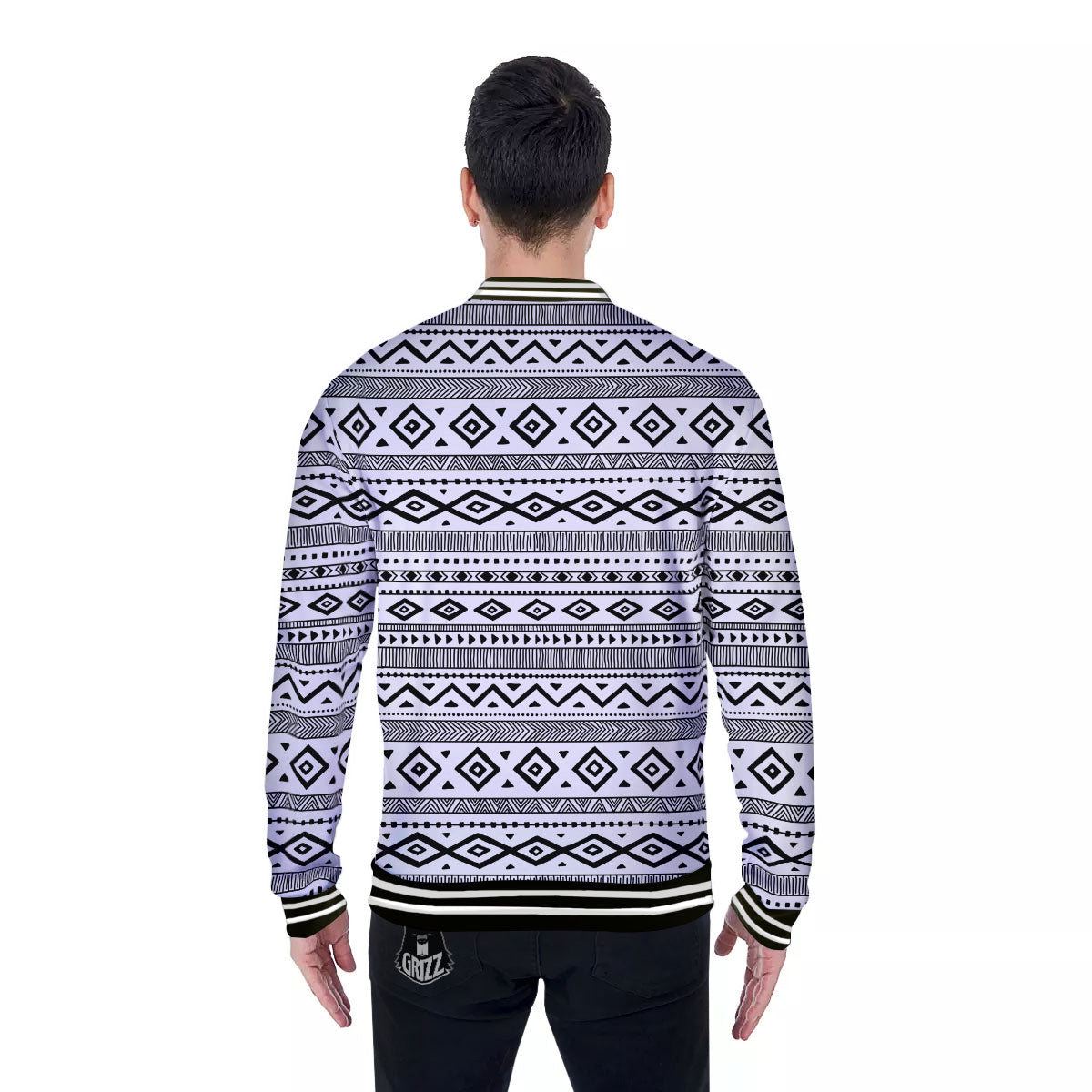 Ethnic White And Black Print Pattern Baseball Jacket-grizzshop