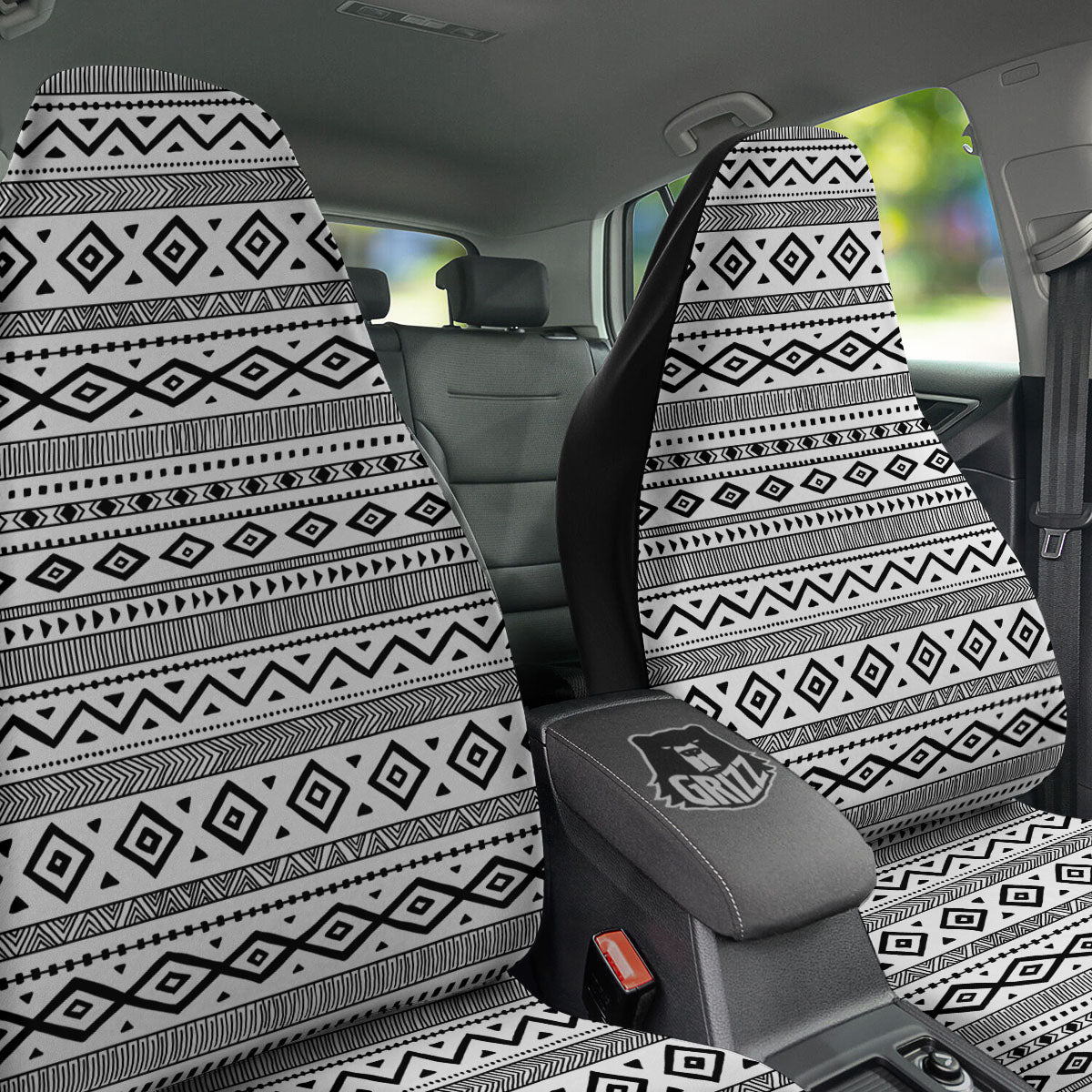 Ethnic White And Black Print Pattern Car Seat Covers-grizzshop