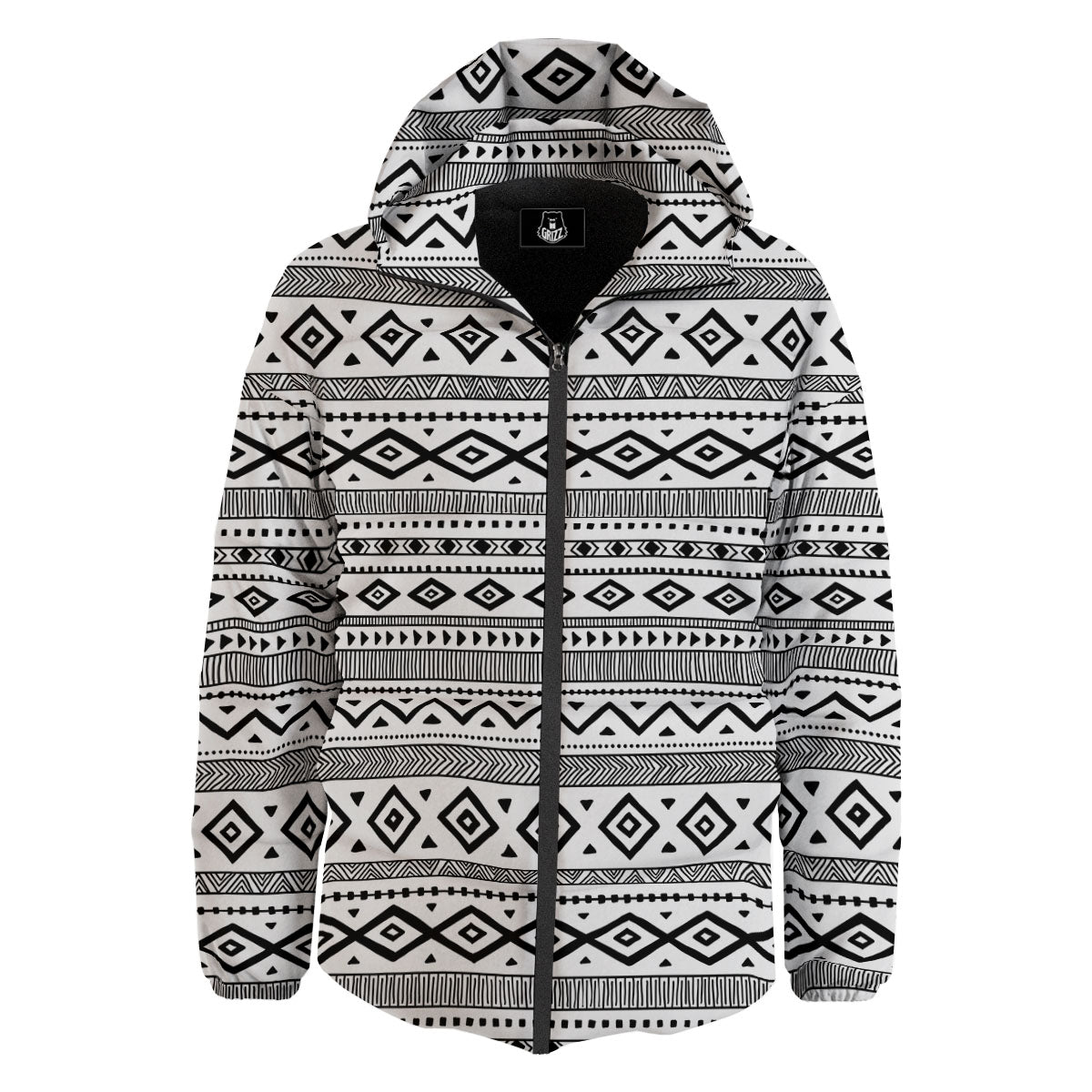 Ethnic White And Black Print Pattern Down Jacket-grizzshop