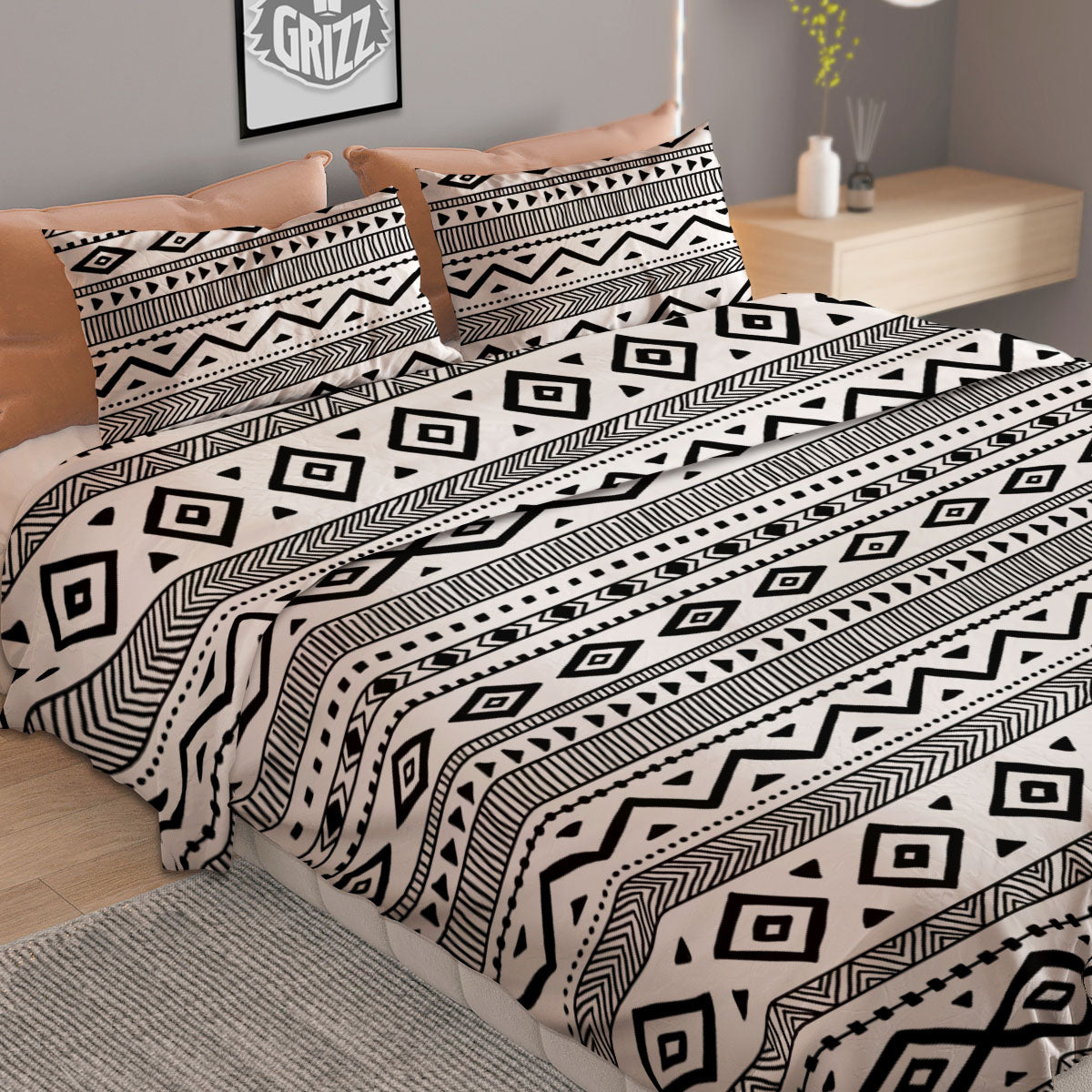 Ethnic White And Black Print Pattern Duvet Cover Bedding Set
