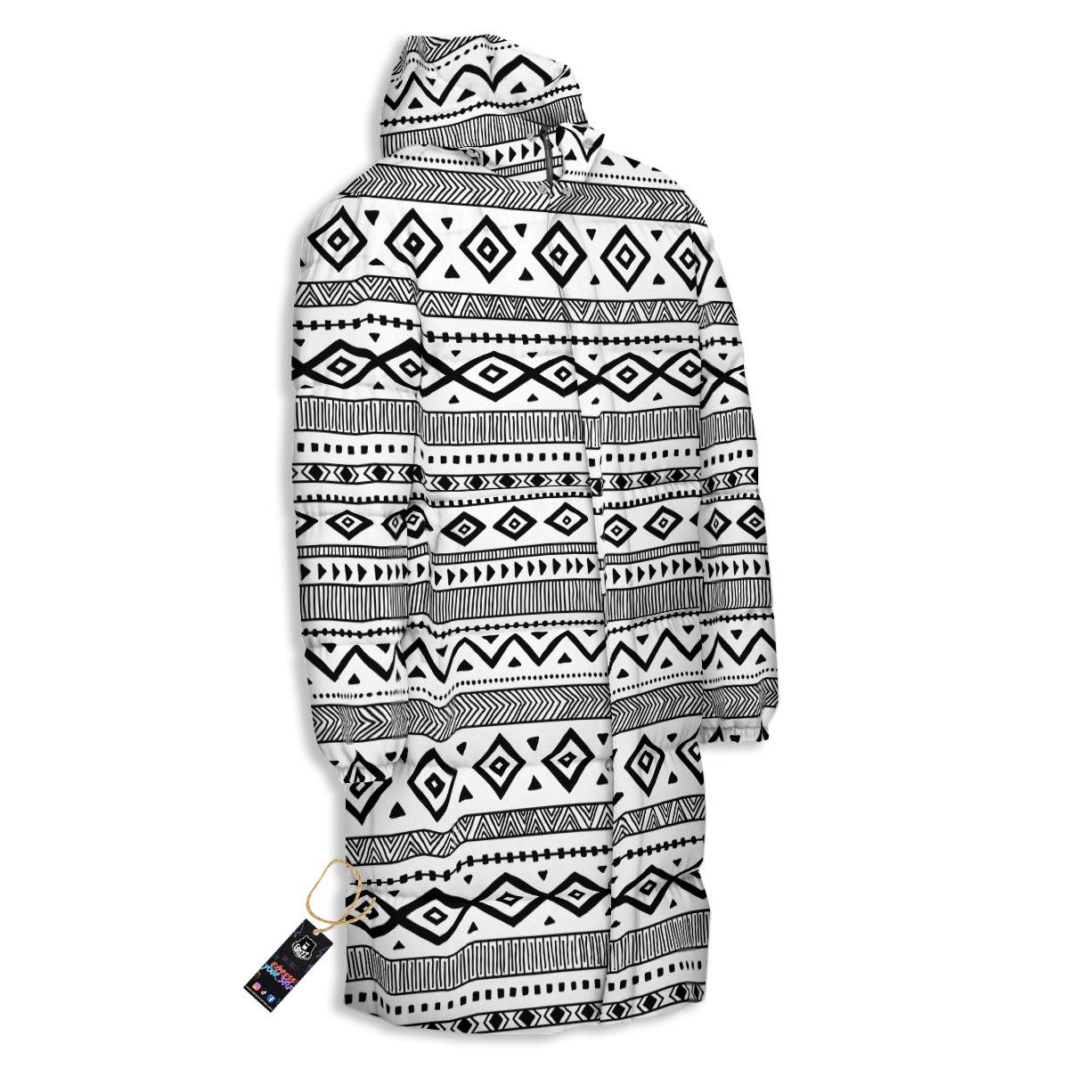 Ethnic White And Black Print Pattern Long Down Jacket-grizzshop