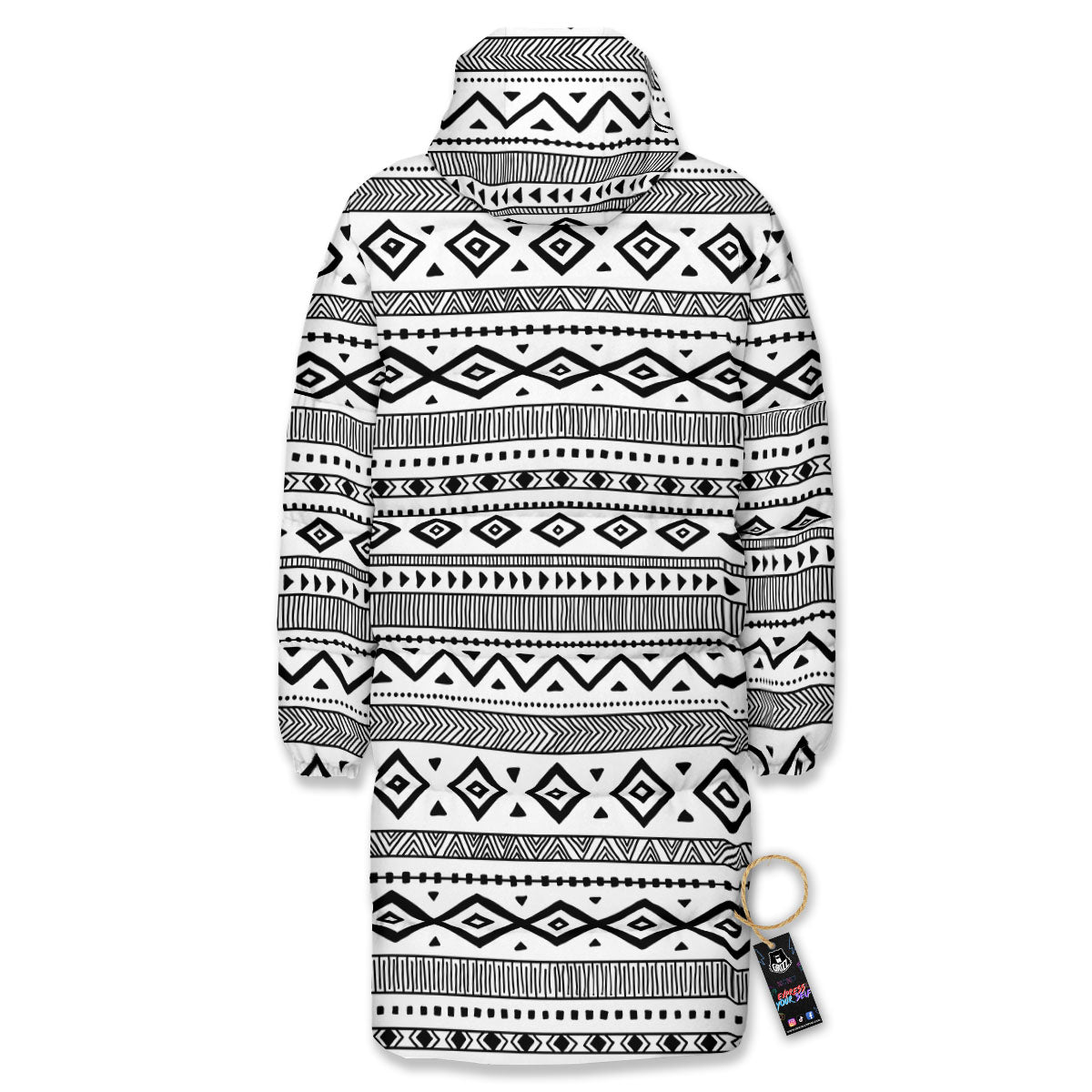 Ethnic White And Black Print Pattern Long Down Jacket-grizzshop