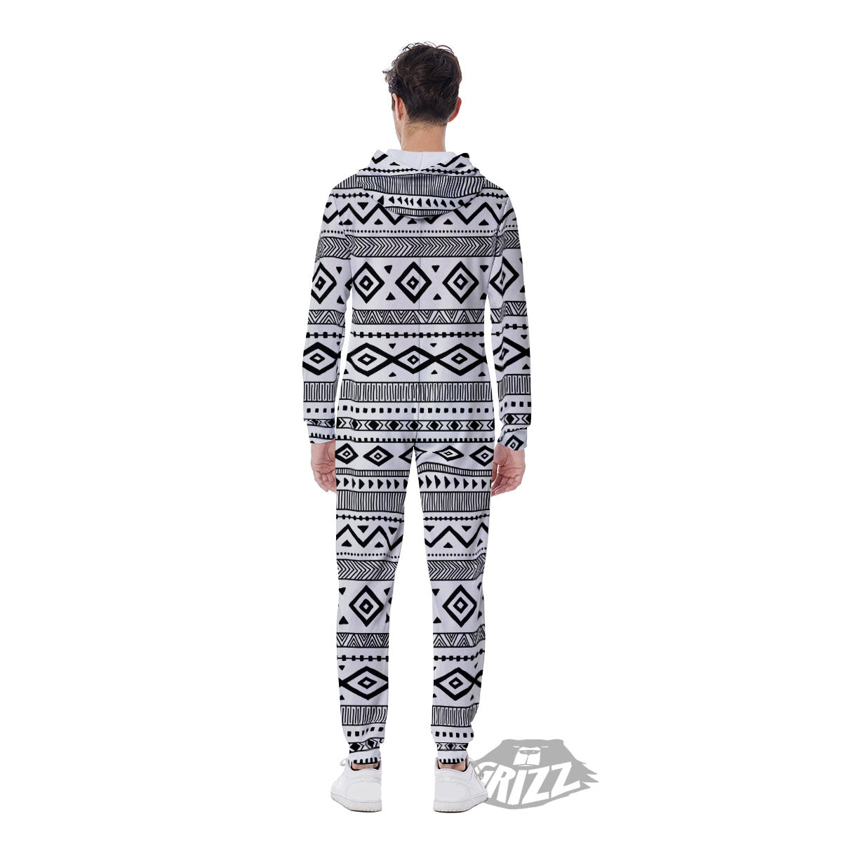 Ethnic White And Black Print Pattern Men's Jumpsuit-grizzshop