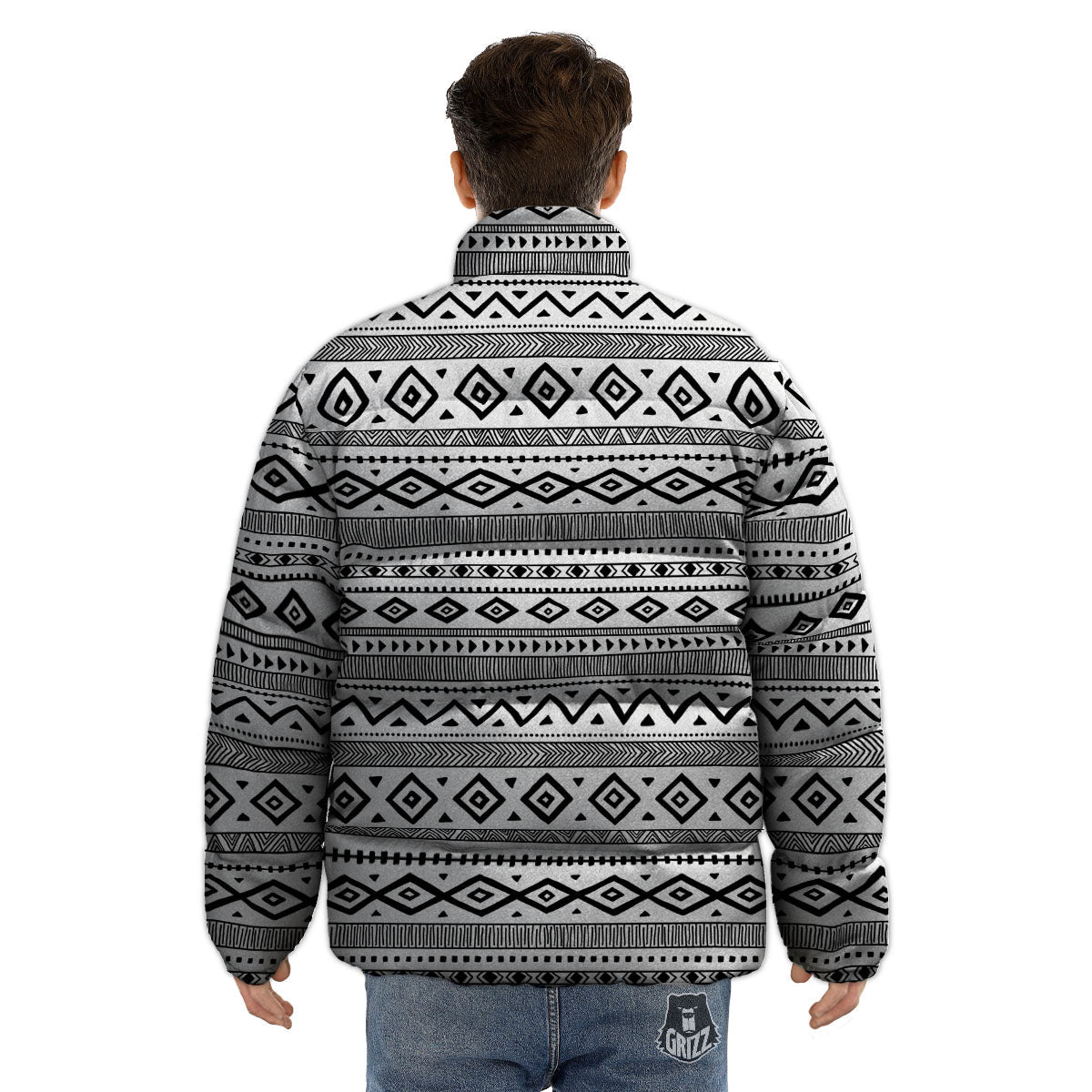 Ethnic White And Black Print Pattern Puffer Jacket-grizzshop