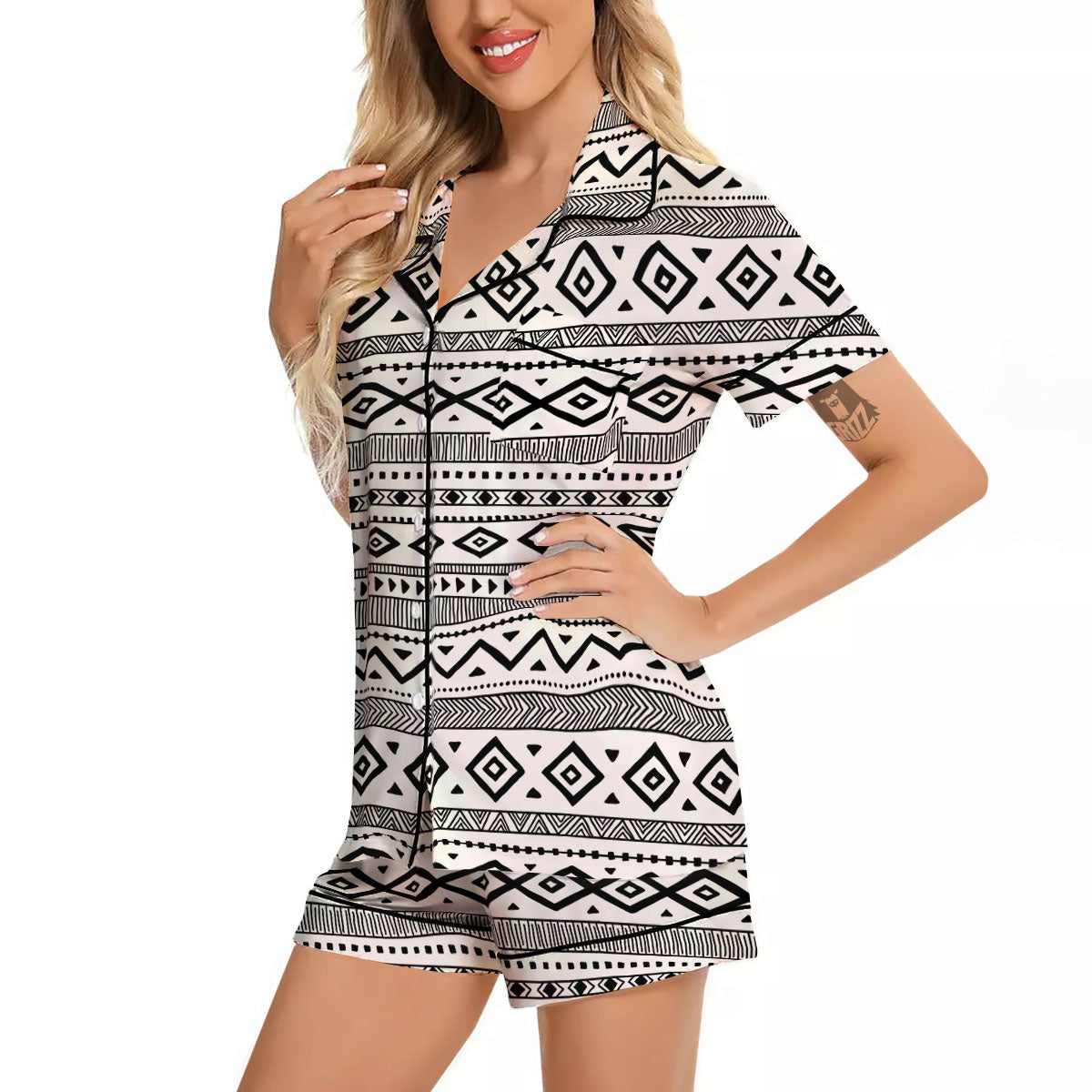 Ethnic White And Black Print Pattern Women Silk Pajamas-grizzshop