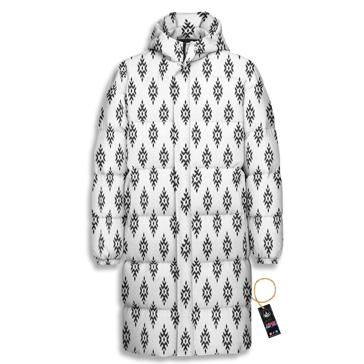 Ethnic Boho White And Black Print Long Down Jacket