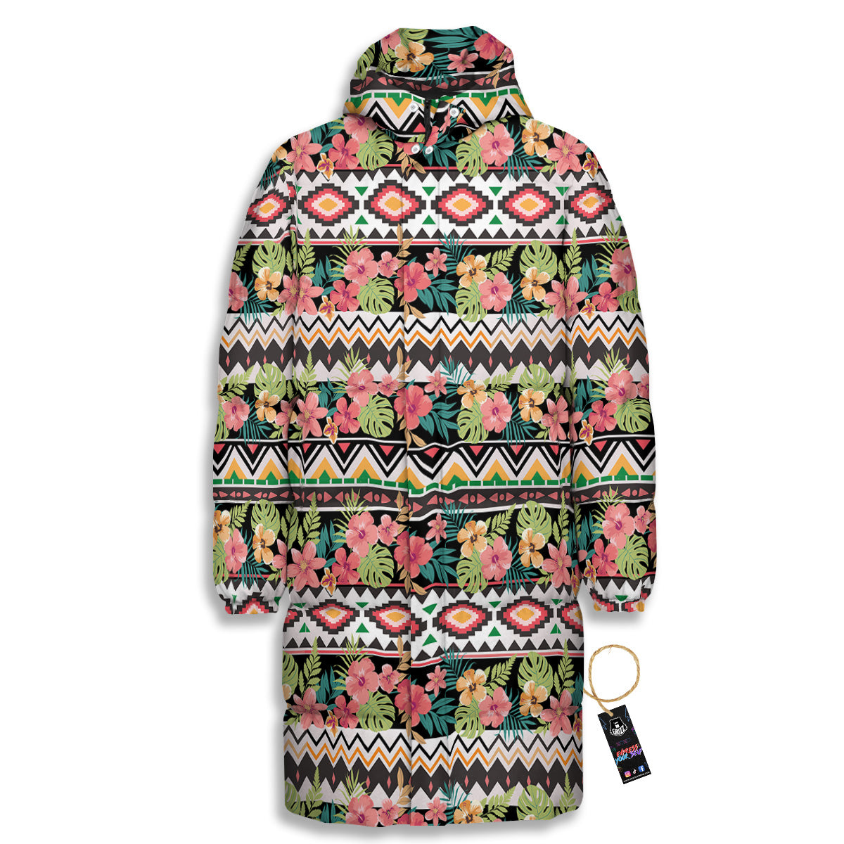 Ethnic Mix Tropical Flower Print Pattern Long Down Jacket