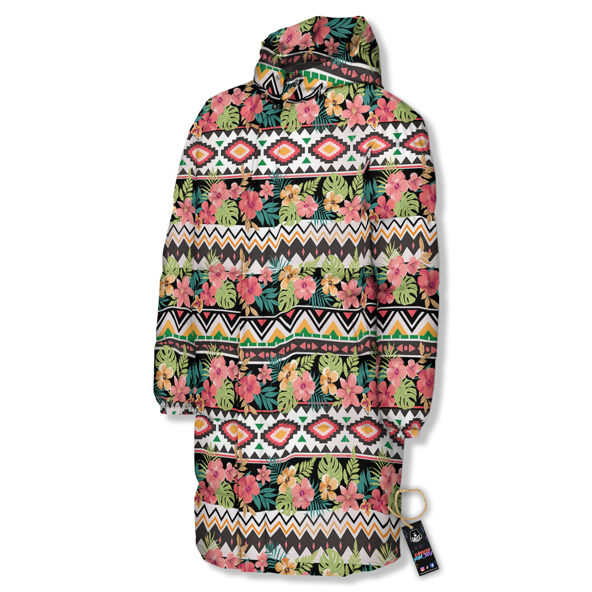 Ethnic Mix Tropical Flower Print Pattern Long Down Jacket