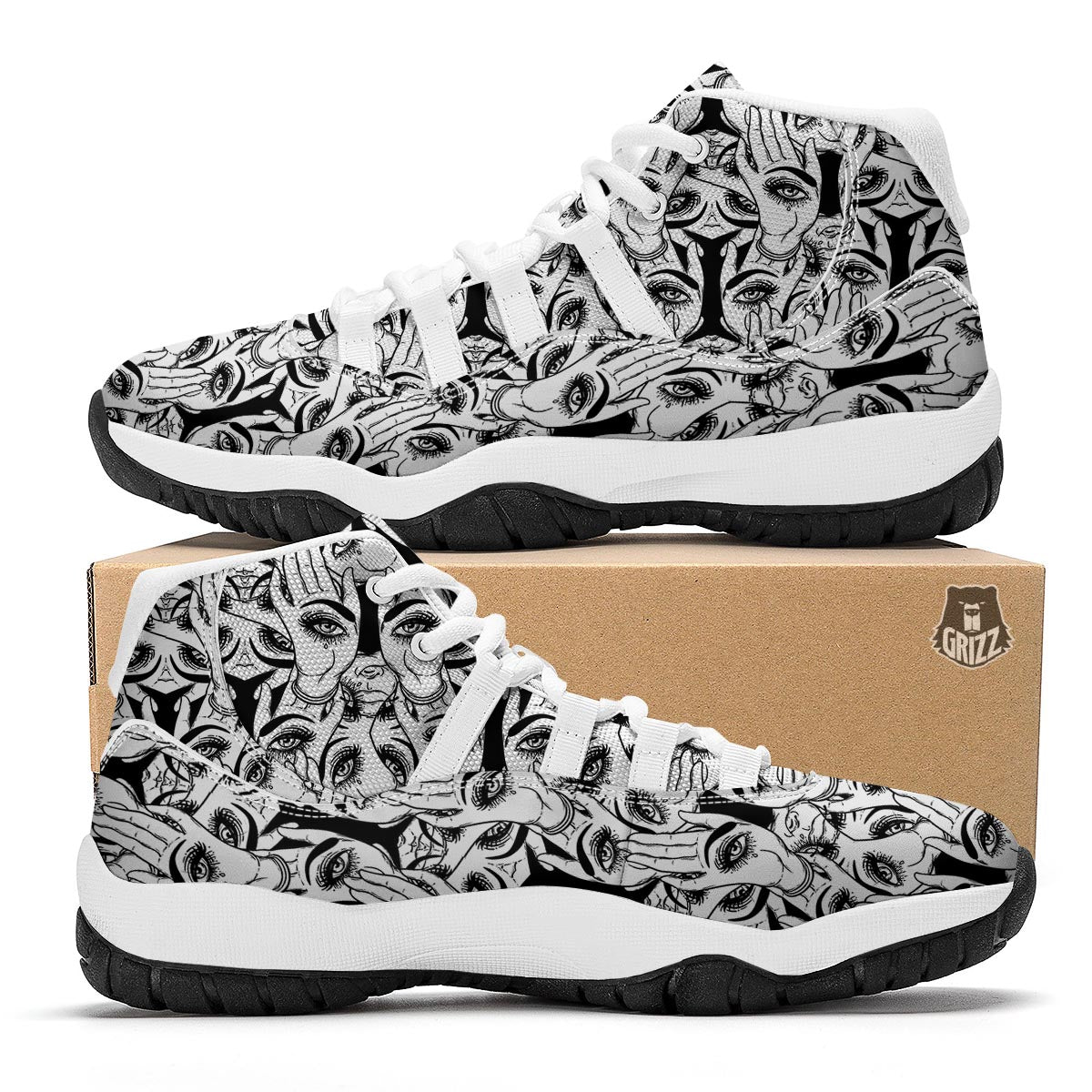 Evil Eye Hamsa Hand Pattern Print White Bball Shoes-grizzshop