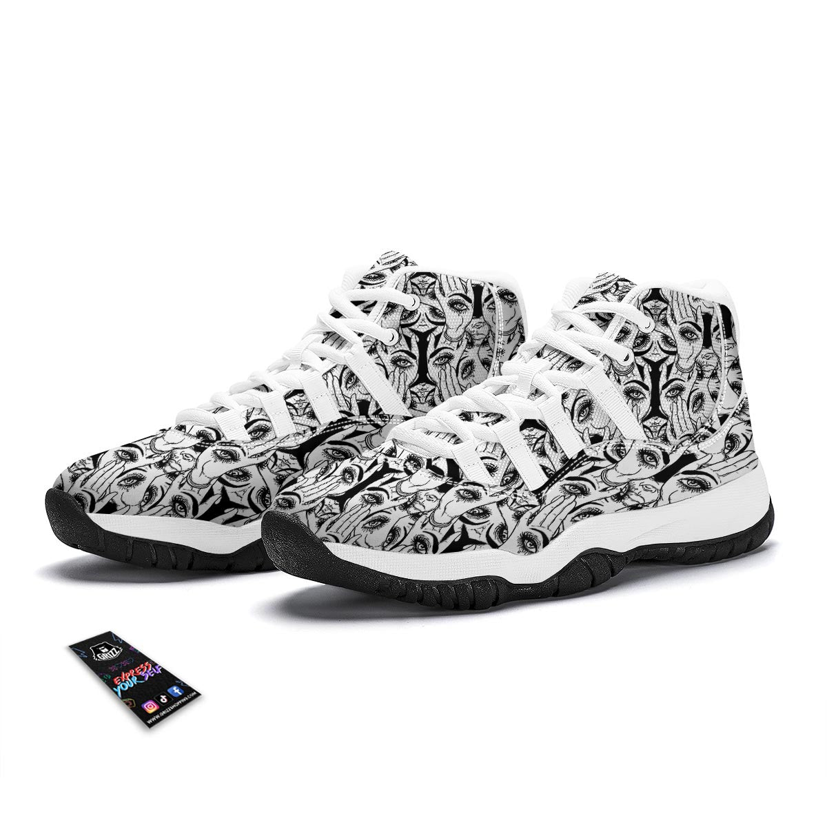 Evil Eye Hamsa Hand Pattern Print White Bball Shoes-grizzshop