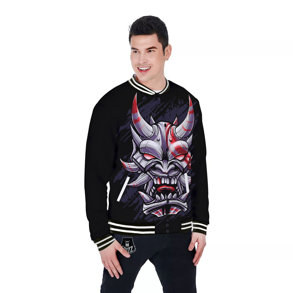 Evil Samurai Mask Print Baseball Jacket-grizzshop