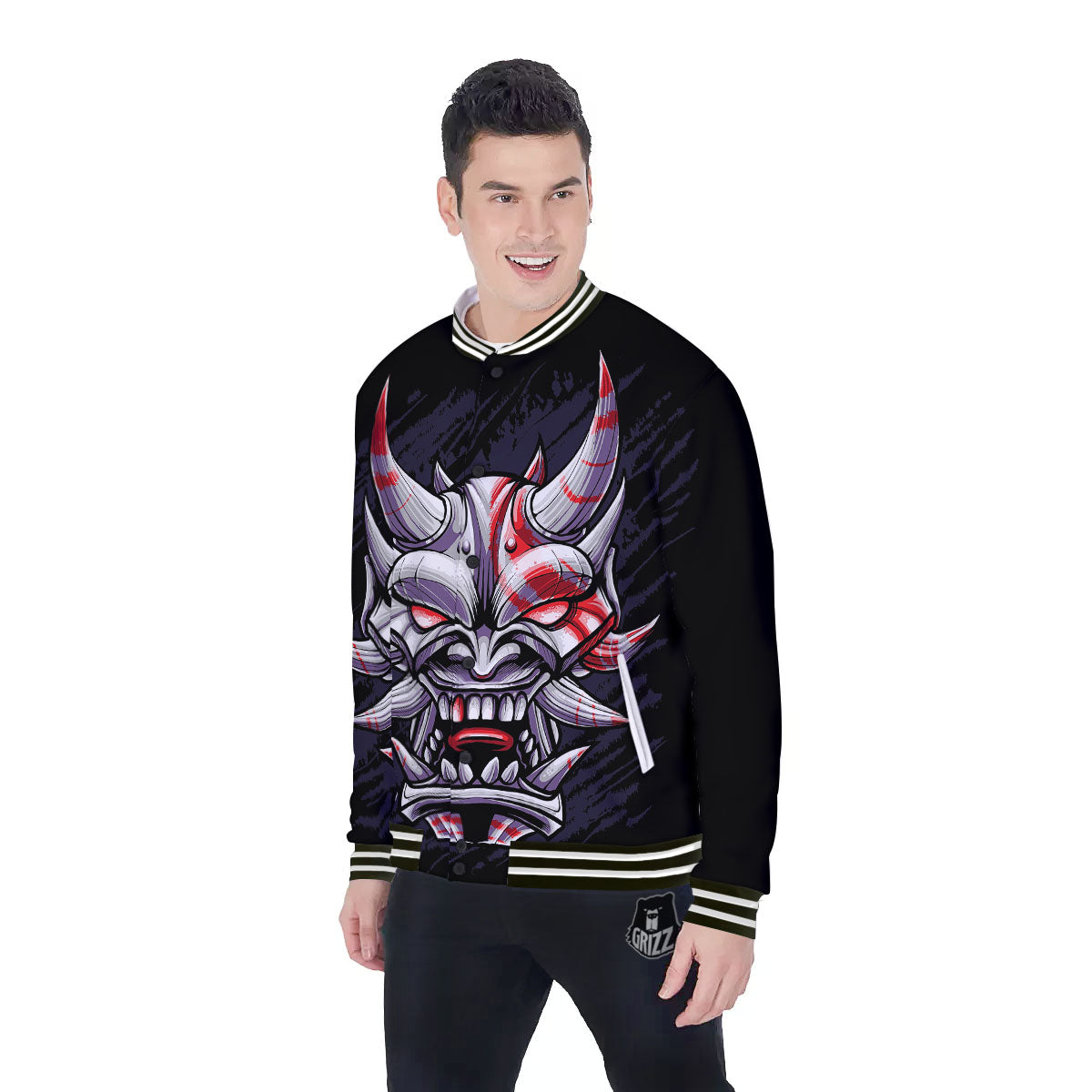 Evil Samurai Mask Print Baseball Jacket-grizzshop