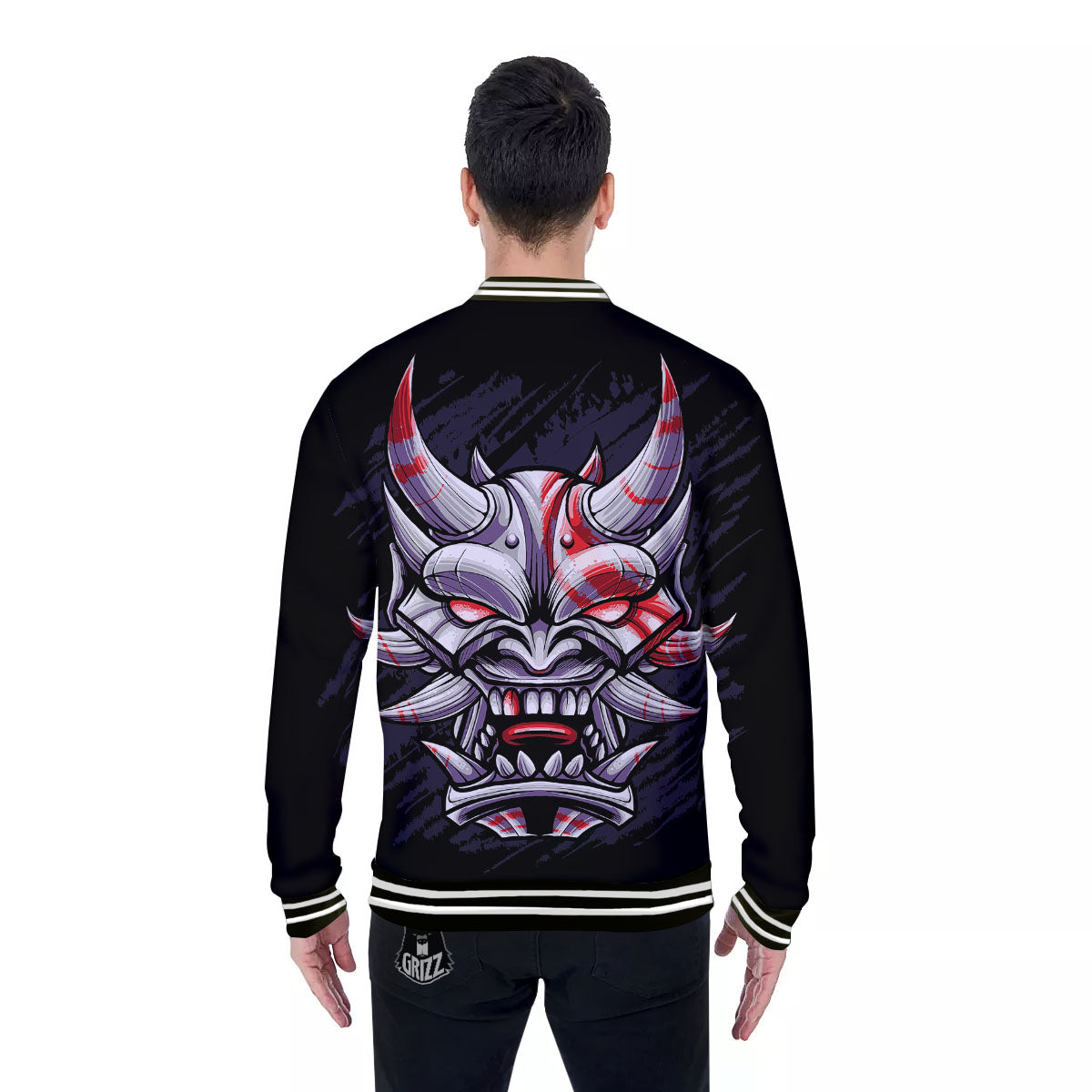 Evil Samurai Mask Print Baseball Jacket-grizzshop