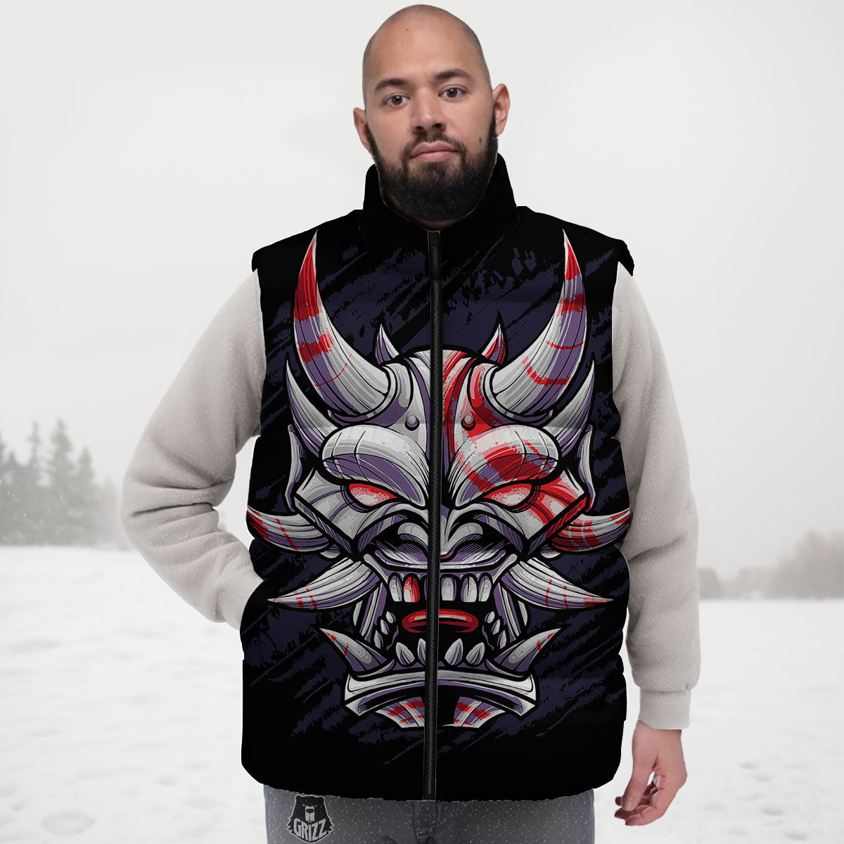 Evil Samurai Mask Print Down Vest