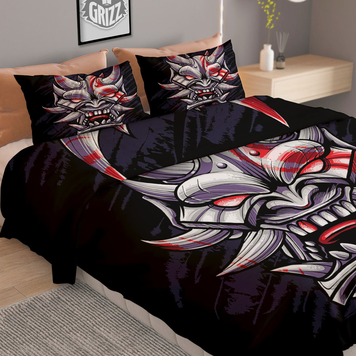 Evil Samurai Mask Print Duvet Cover Bedding Set