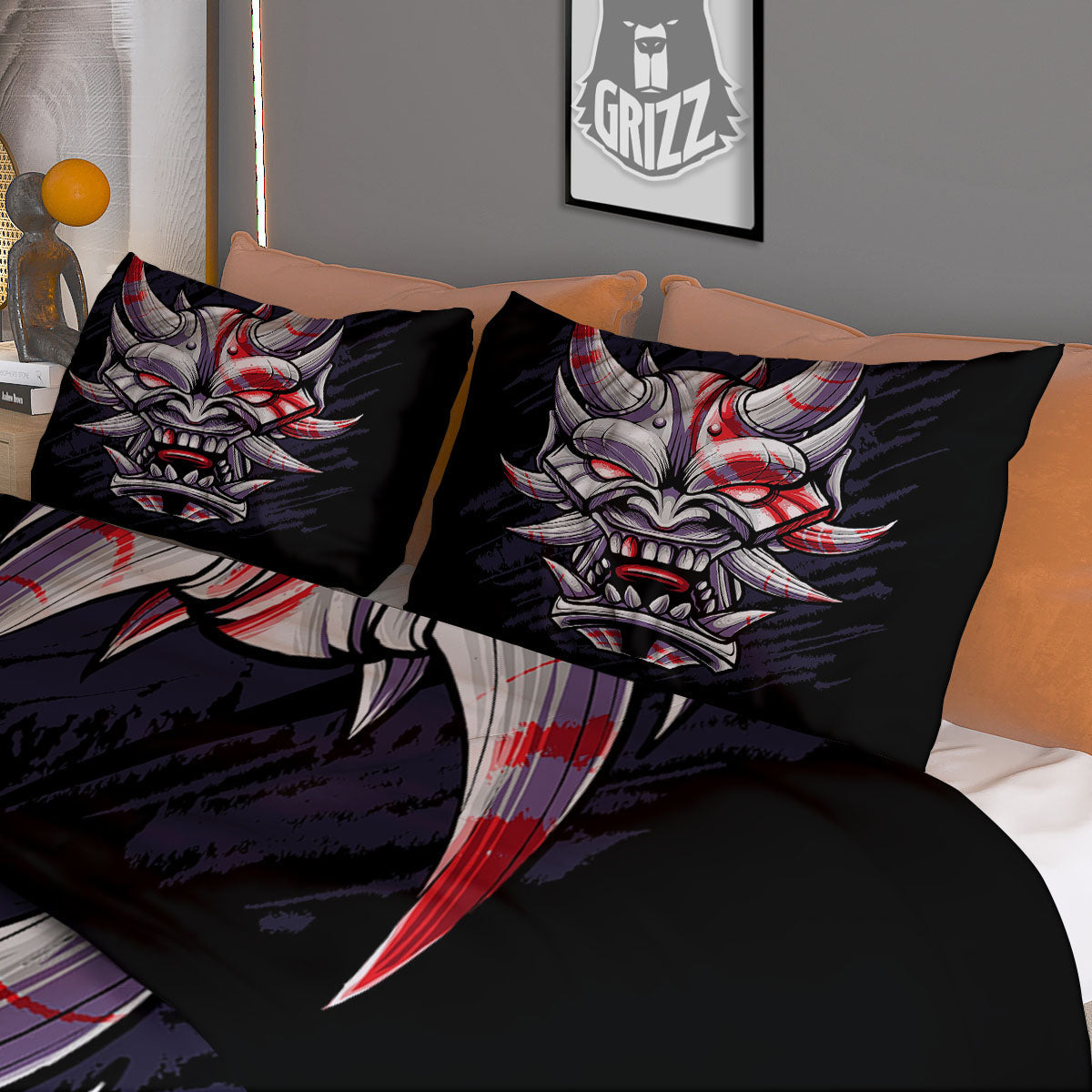 Evil Samurai Mask Print Duvet Cover Bedding Set