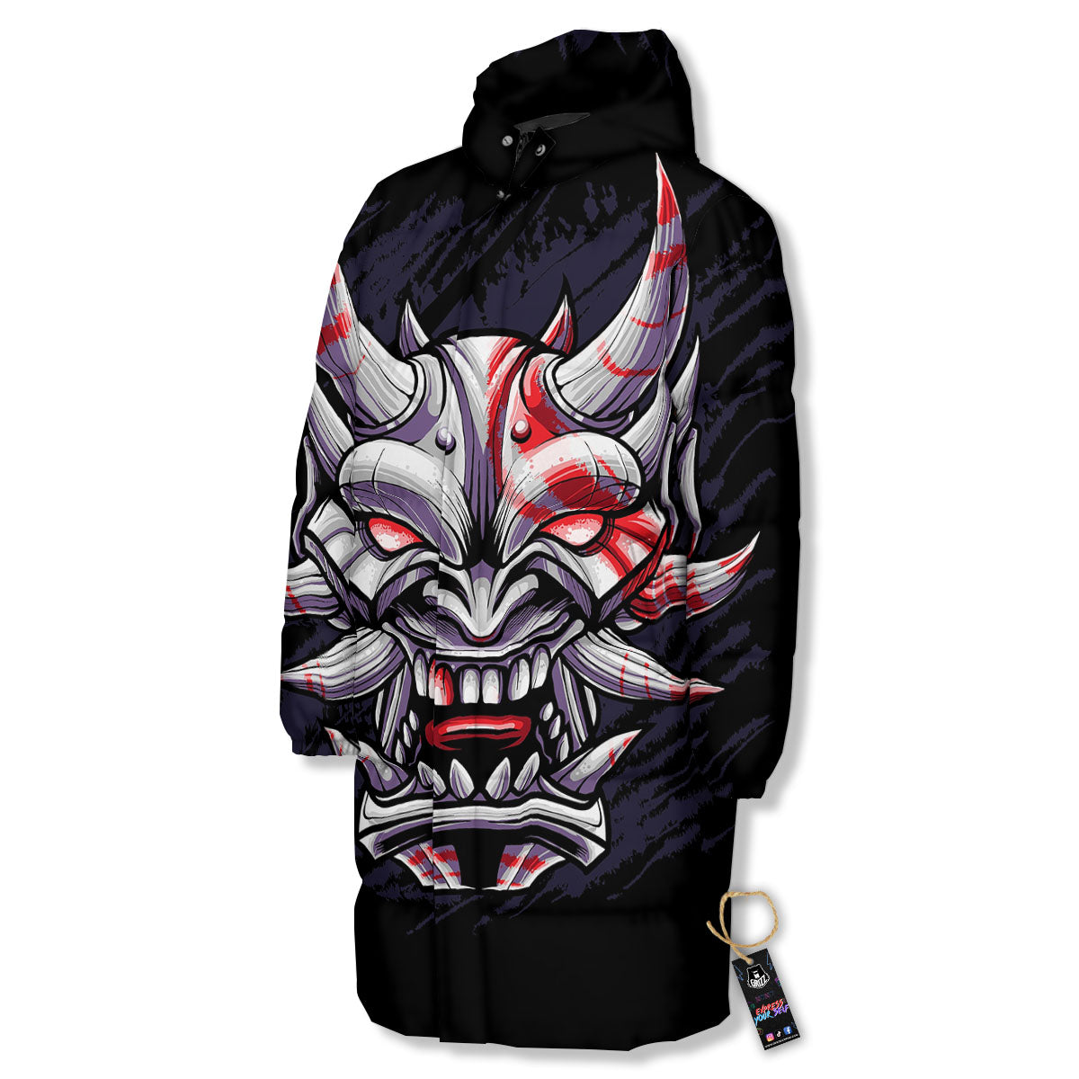 Evil Samurai Mask Print Long Down Jacket-grizzshop