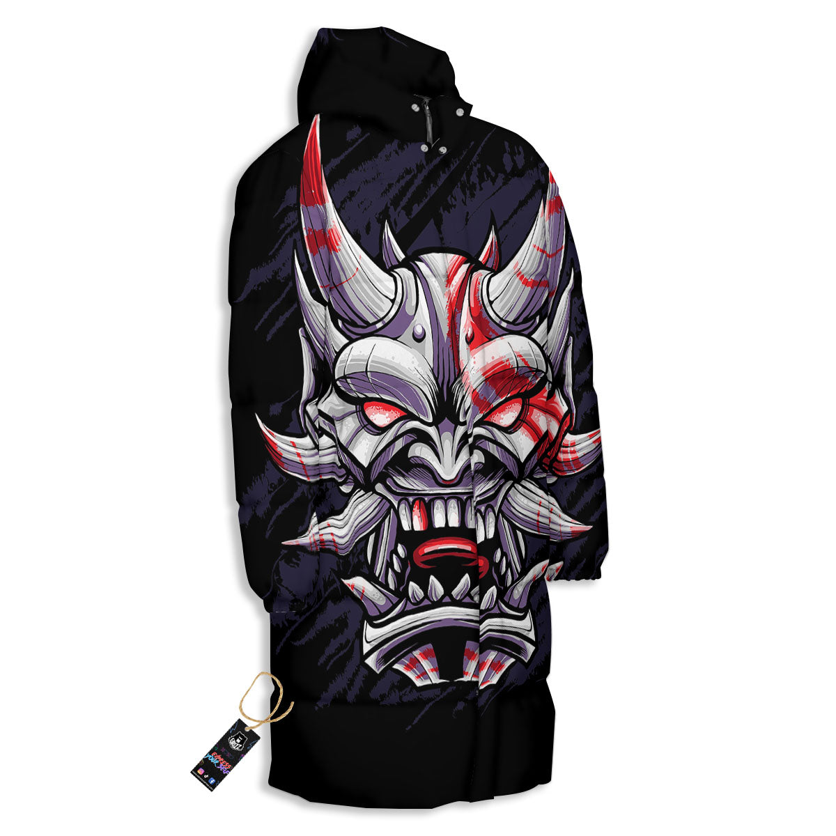 Evil Samurai Mask Print Long Down Jacket-grizzshop