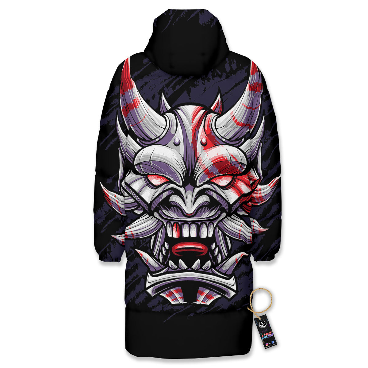 Evil Samurai Mask Print Long Down Jacket-grizzshop