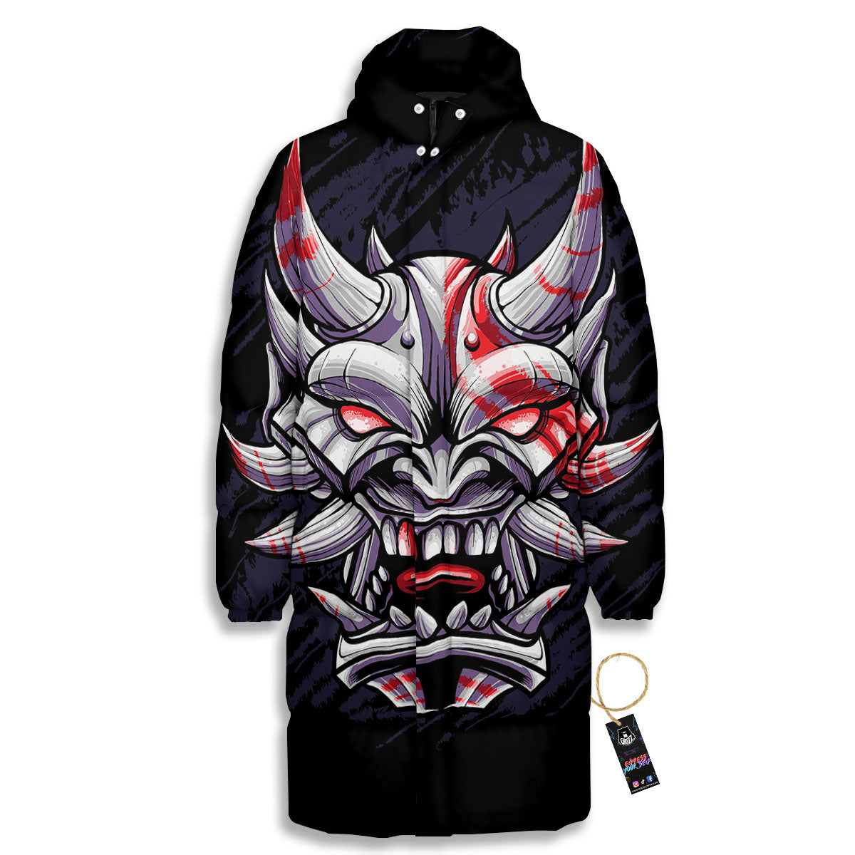 Evil Samurai Mask Print Long Down Jacket-grizzshop