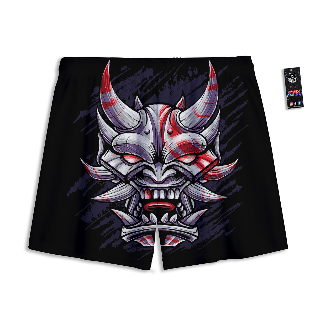 Evil Samurai Mask Print Mesh Shorts