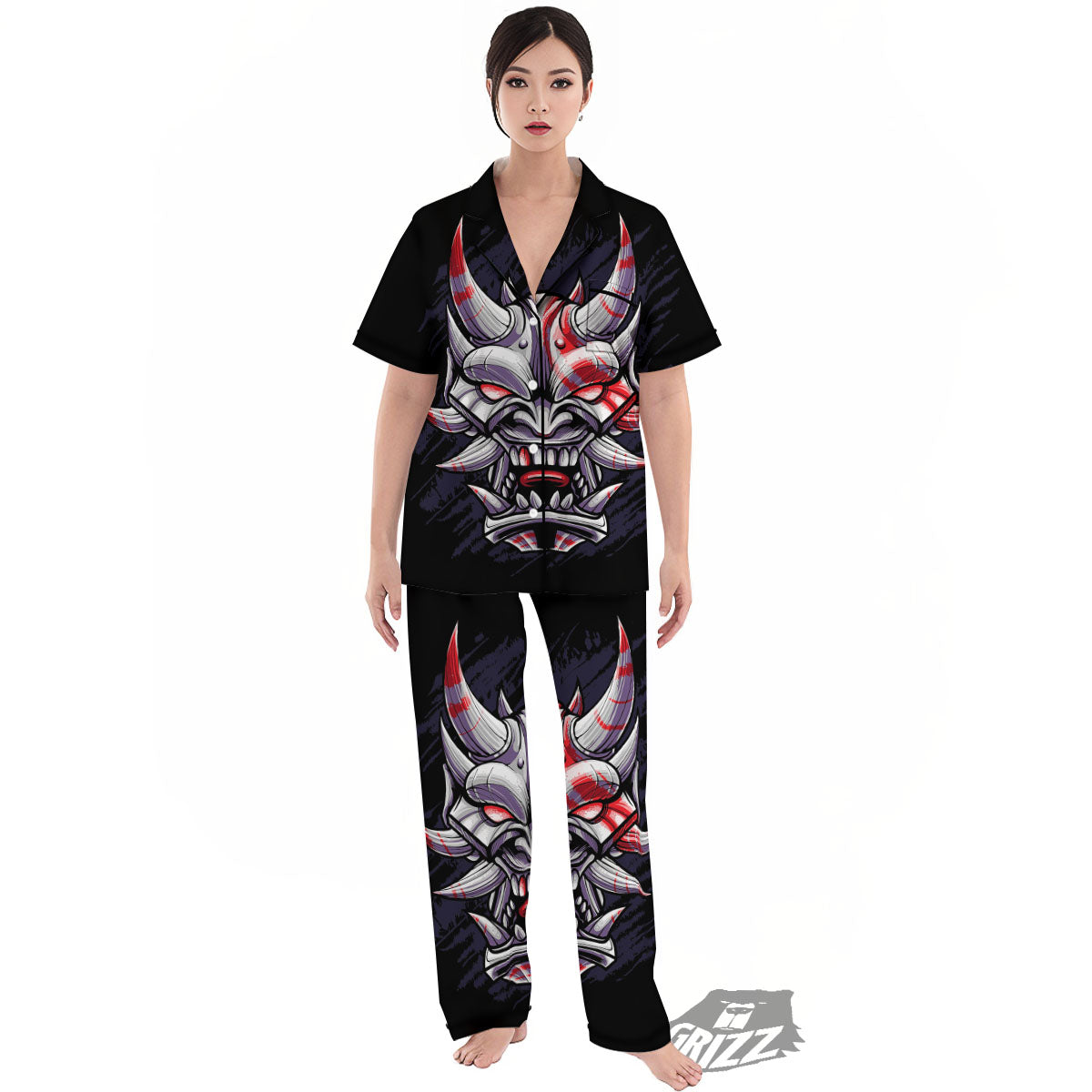 Evil Samurai Mask Print Women's Pajamas Set-grizzshop