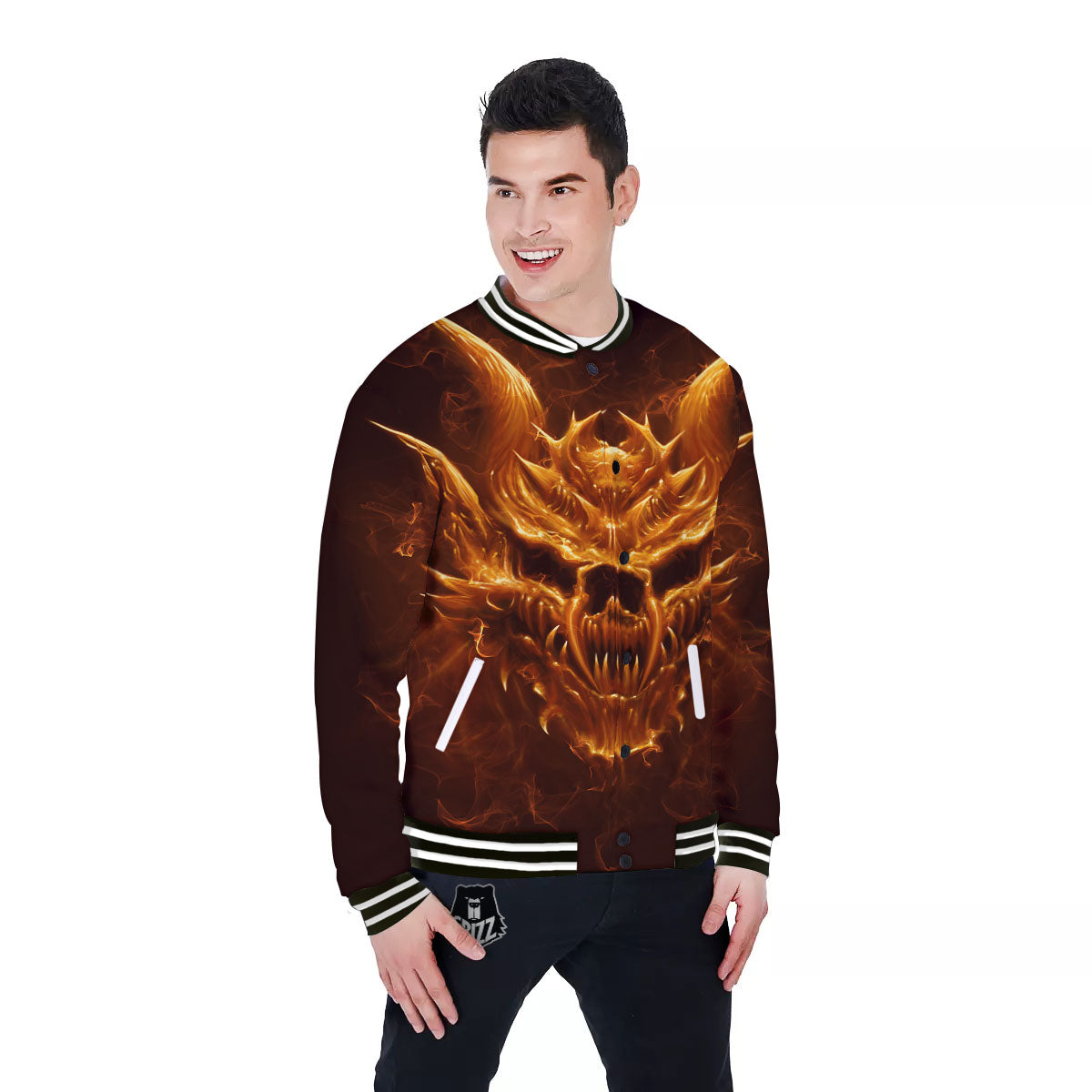 Evil Skull Flaming Print Baseball Jacket-grizzshop