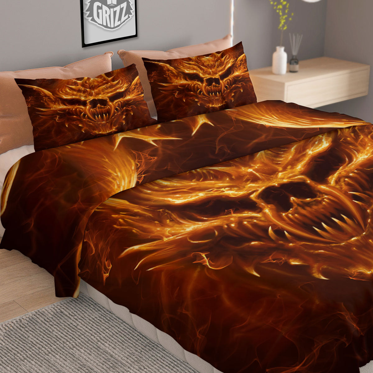 Evil Skull Flaming Print Duvet Cover Bedding Set