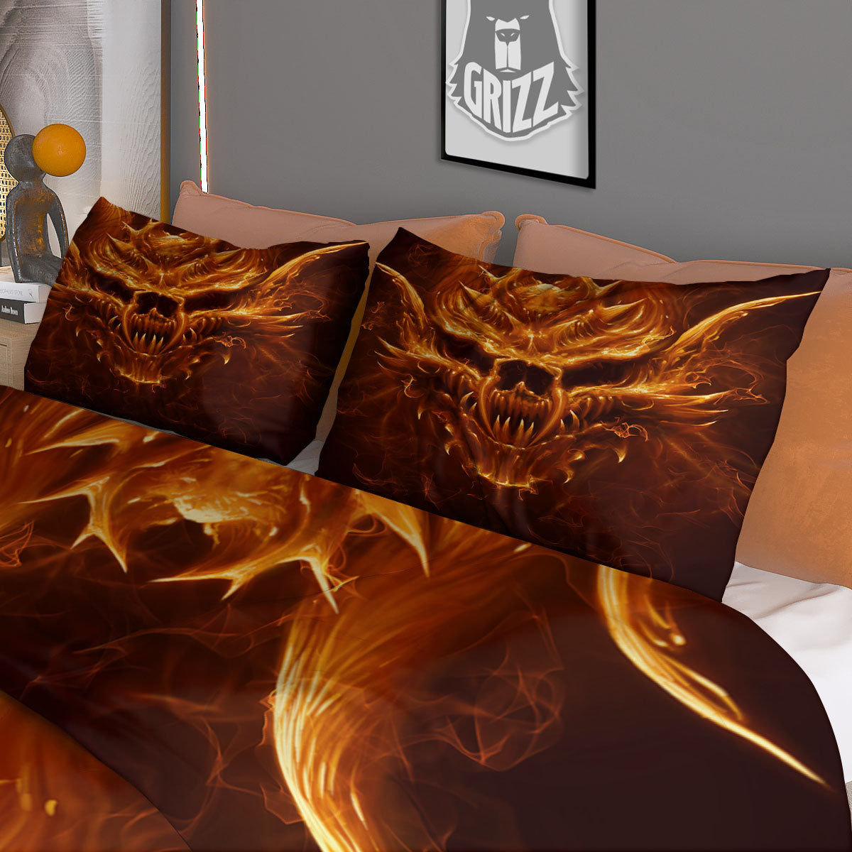 Evil Skull Flaming Print Duvet Cover Bedding Set