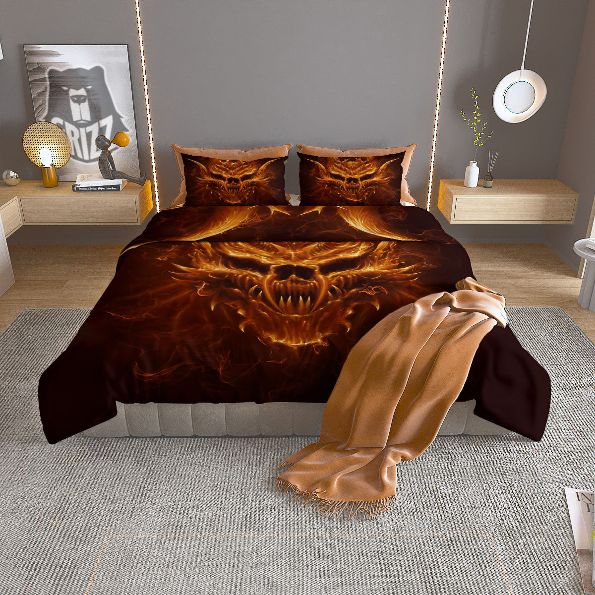 Evil Skull Flaming Print Duvet Cover Bedding Set