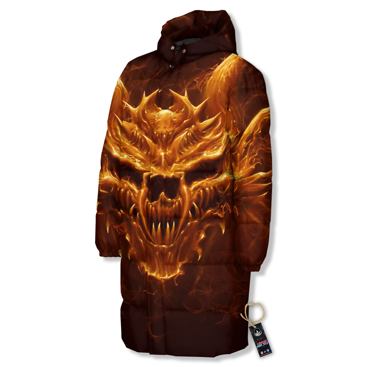 Evil Skull Flaming Print Long Down Jacket-grizzshop