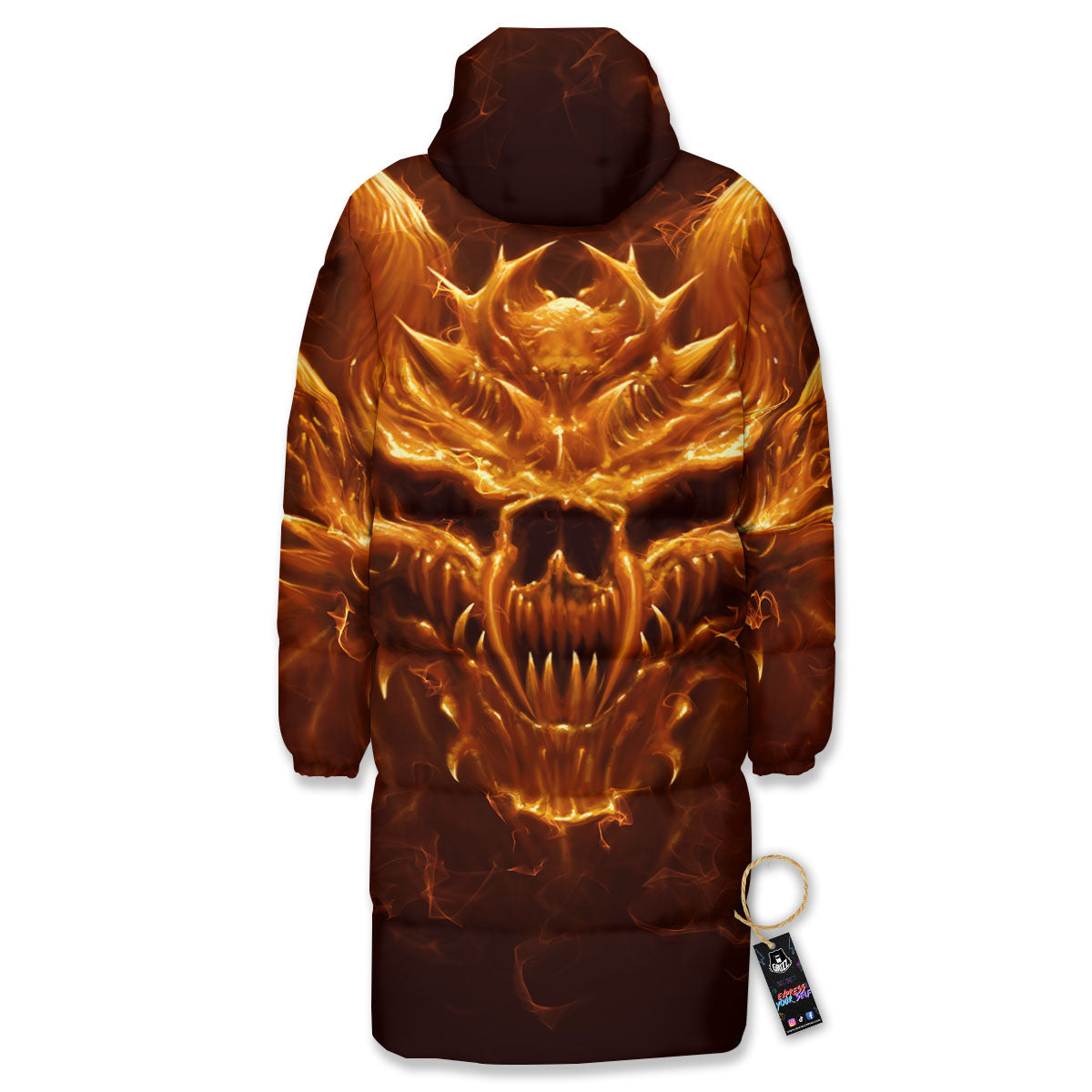 Evil Skull Flaming Print Long Down Jacket-grizzshop