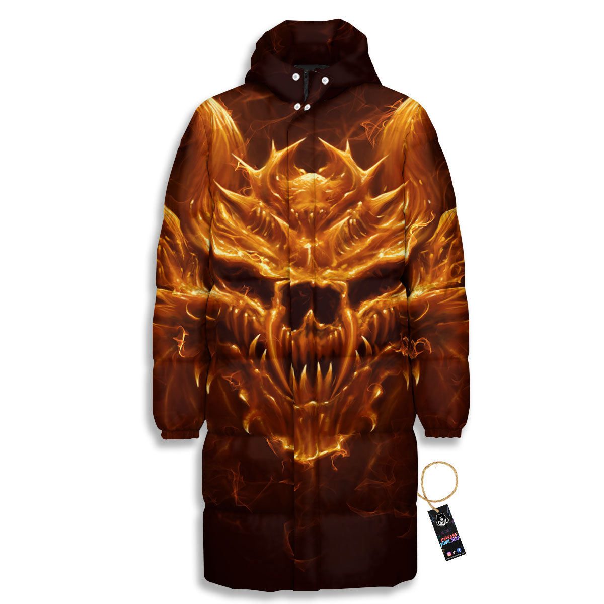 Evil Skull Flaming Print Long Down Jacket-grizzshop