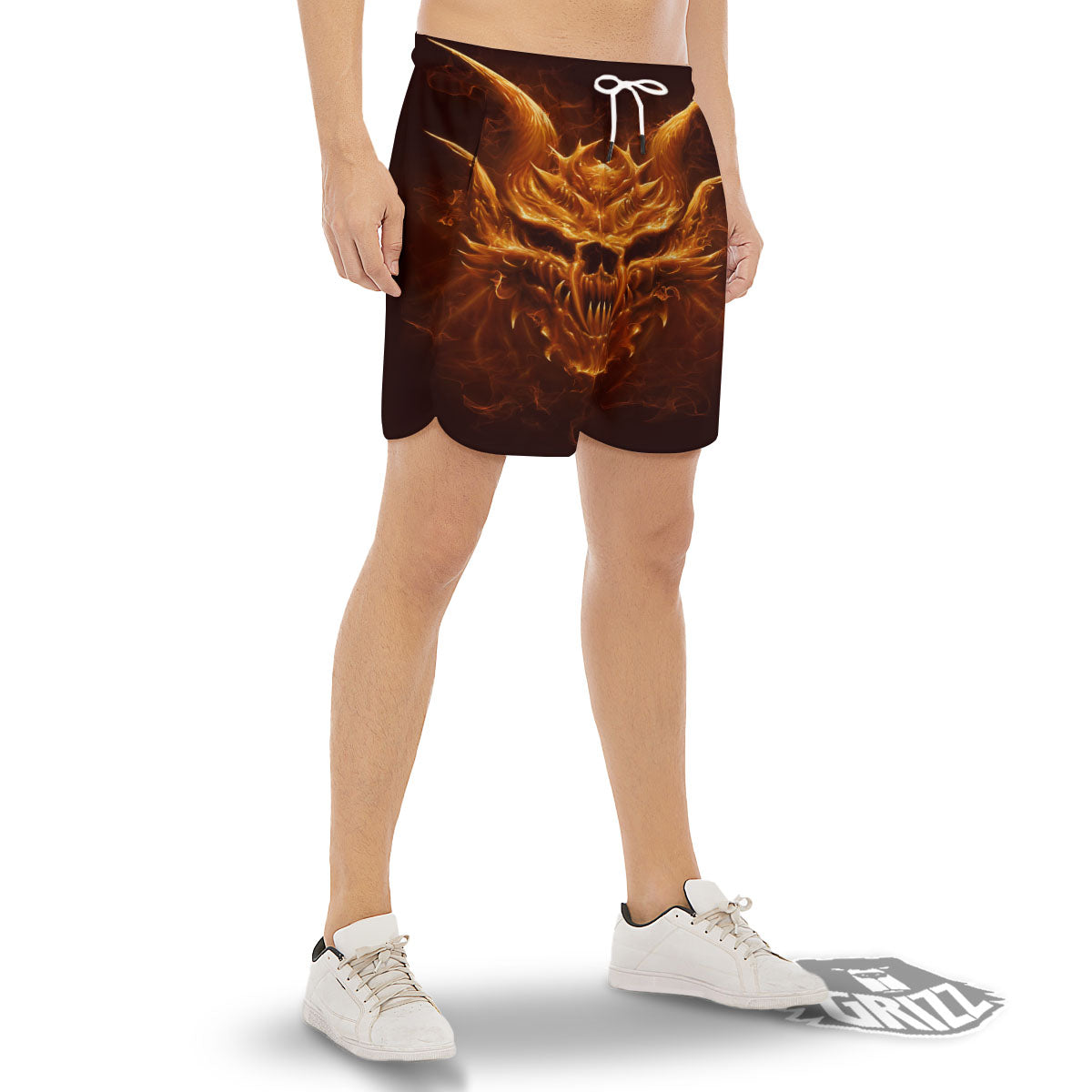 Evil Skull Flaming Print Men's Gym Shorts-grizzshop